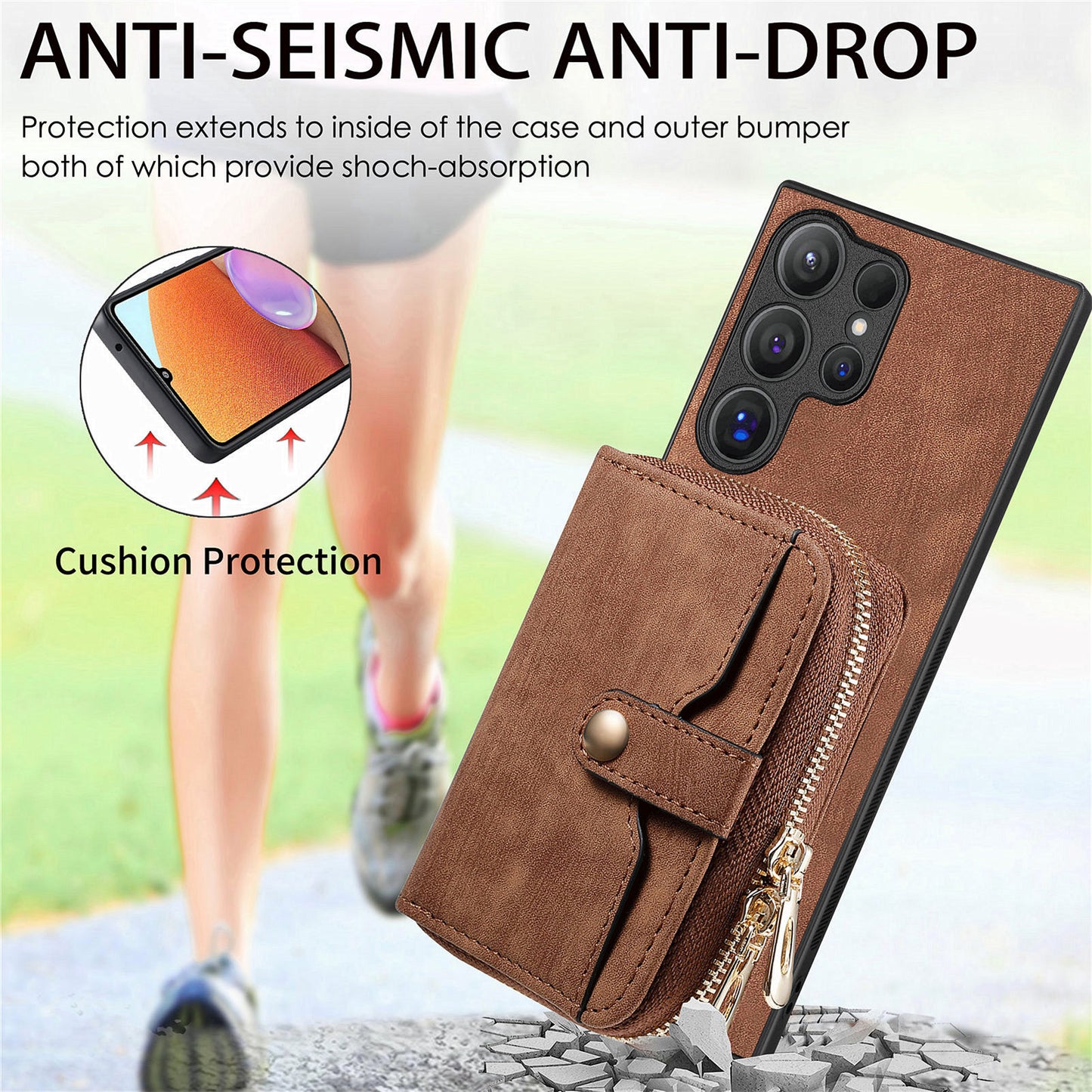 Crossbody Zipper Wallet Case for Samsung Galaxy S24 Ultra Kickstand Phone Cover with 7 Card Holder - Brown