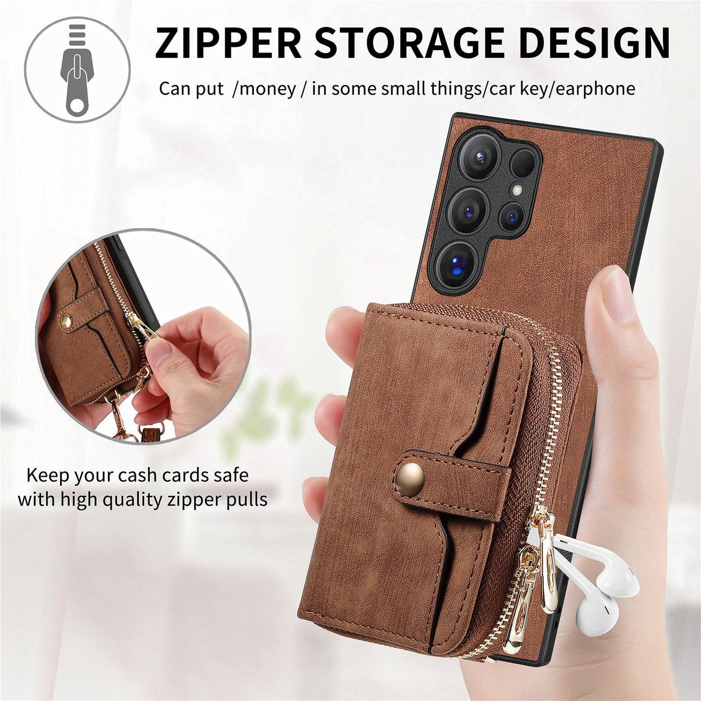 Crossbody Zipper Wallet Case for Samsung Galaxy S24 Ultra Kickstand Phone Cover with 7 Card Holder - Brown
