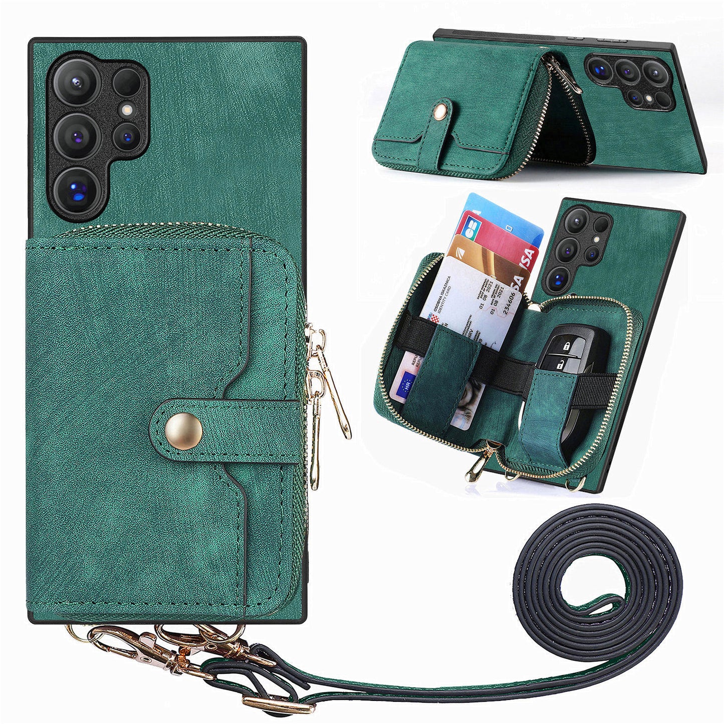 Crossbody Zipper Wallet Case for Samsung Galaxy S24 Ultra Kickstand Phone Cover with 7 Card Holder - Green