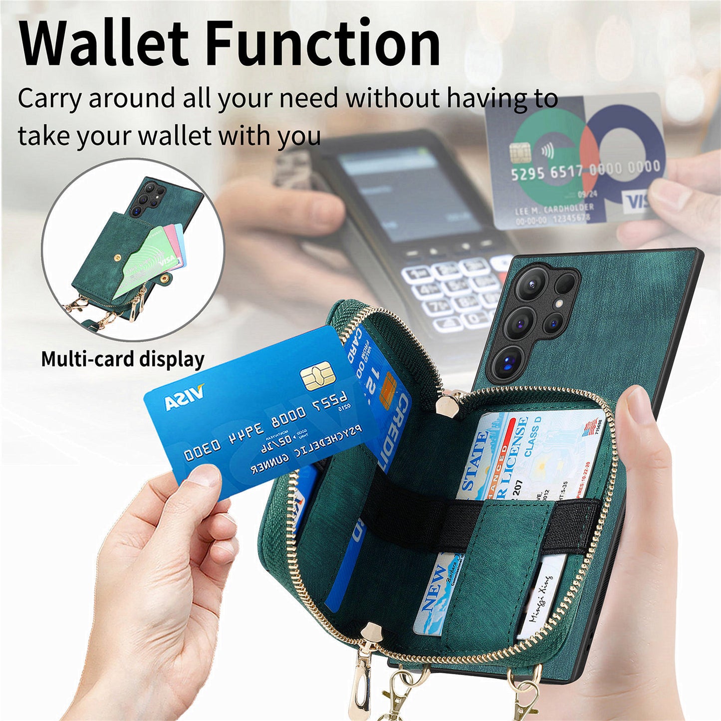 Crossbody Zipper Wallet Case for Samsung Galaxy S24 Ultra Kickstand Phone Cover with 7 Card Holder - Green