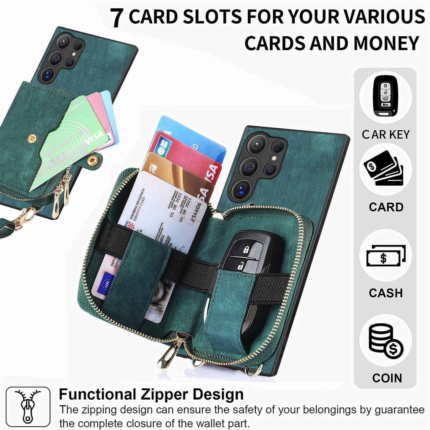 Crossbody Zipper Wallet Case for Samsung Galaxy S24 Ultra Kickstand Phone Cover with 7 Card Holder - Green