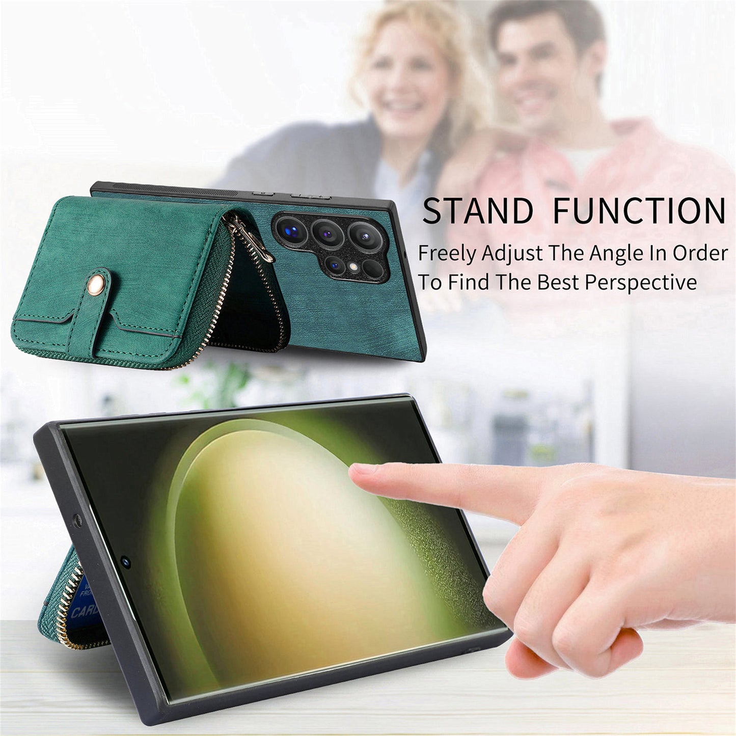 Crossbody Zipper Wallet Case for Samsung Galaxy S24 Ultra Kickstand Phone Cover with 7 Card Holder - Green