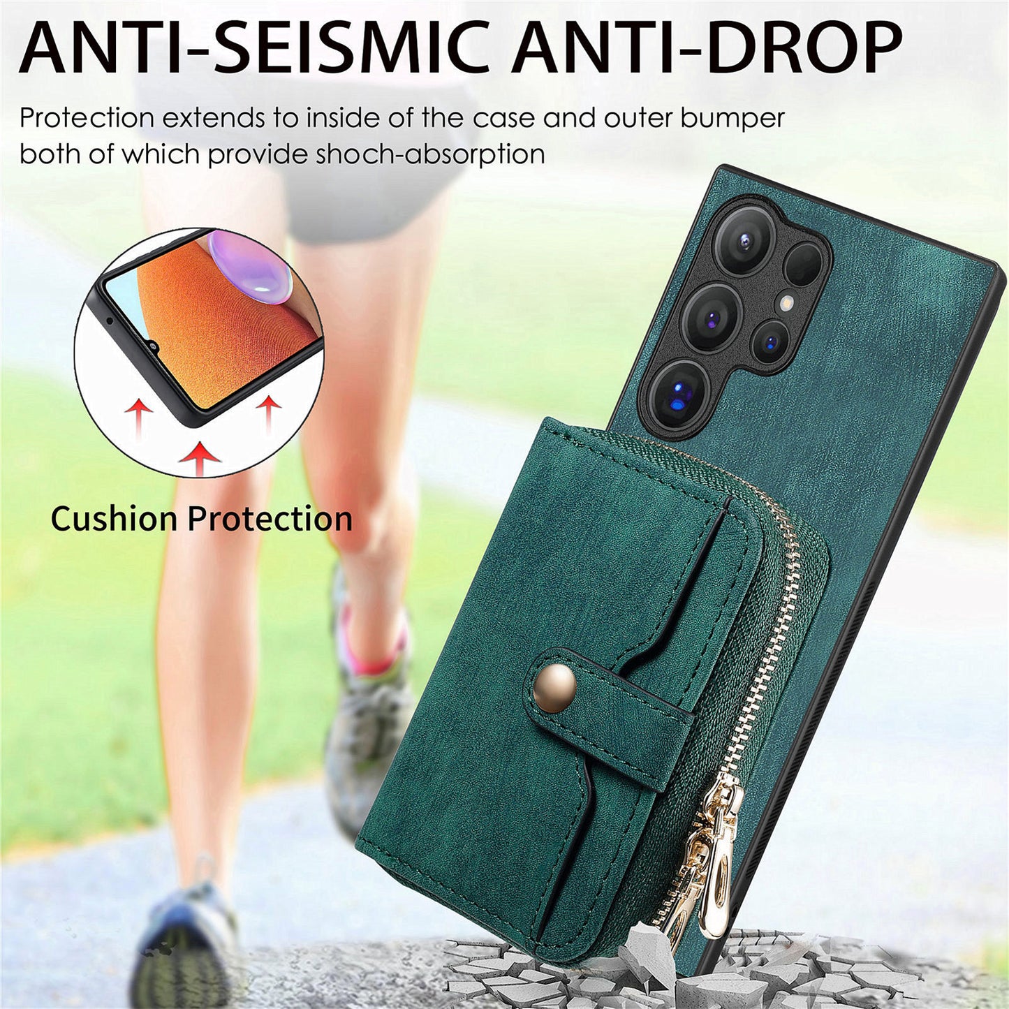 Crossbody Zipper Wallet Case for Samsung Galaxy S24 Ultra Kickstand Phone Cover with 7 Card Holder - Green