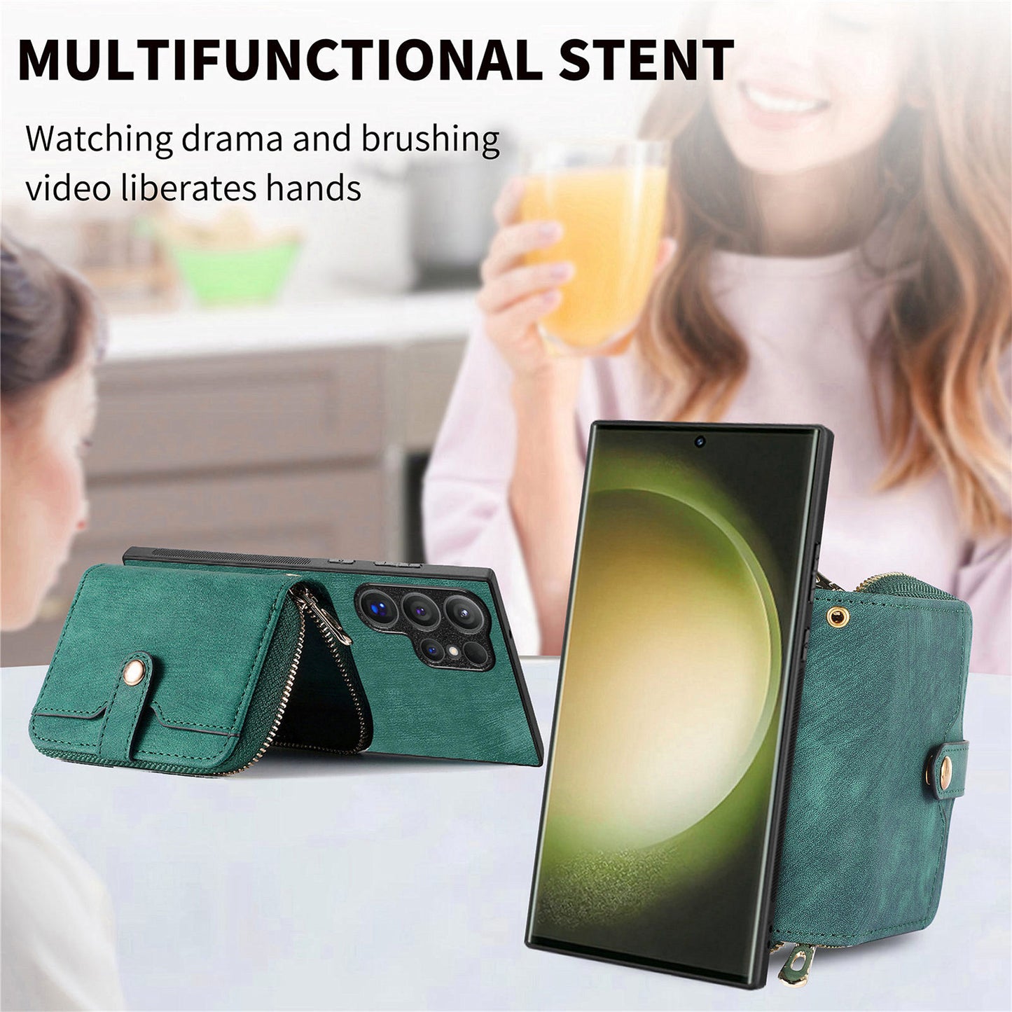 Crossbody Zipper Wallet Case for Samsung Galaxy S24 Ultra Kickstand Phone Cover with 7 Card Holder - Green