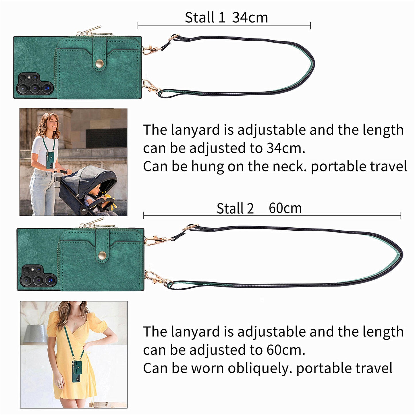 Crossbody Zipper Wallet Case for Samsung Galaxy S24 Ultra Kickstand Phone Cover with 7 Card Holder - Green