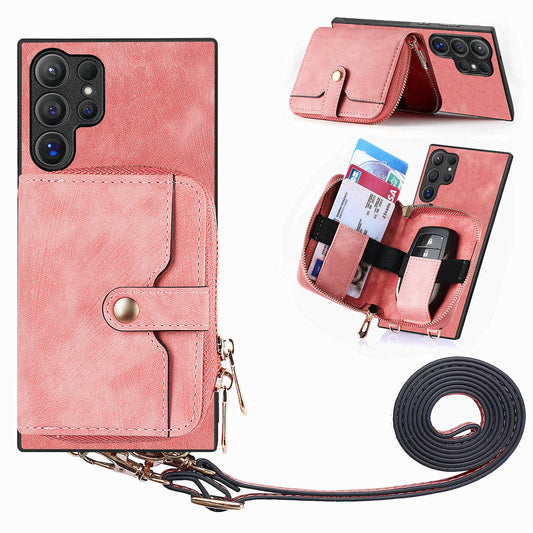 Crossbody Zipper Wallet Case for Samsung Galaxy S24 Ultra Kickstand Phone Cover with 7 Card Holder - Rose Pink