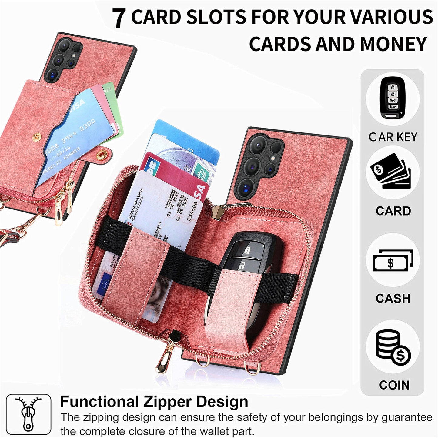 Crossbody Zipper Wallet Case for Samsung Galaxy S24 Ultra Kickstand Phone Cover with 7 Card Holder - Rose Pink