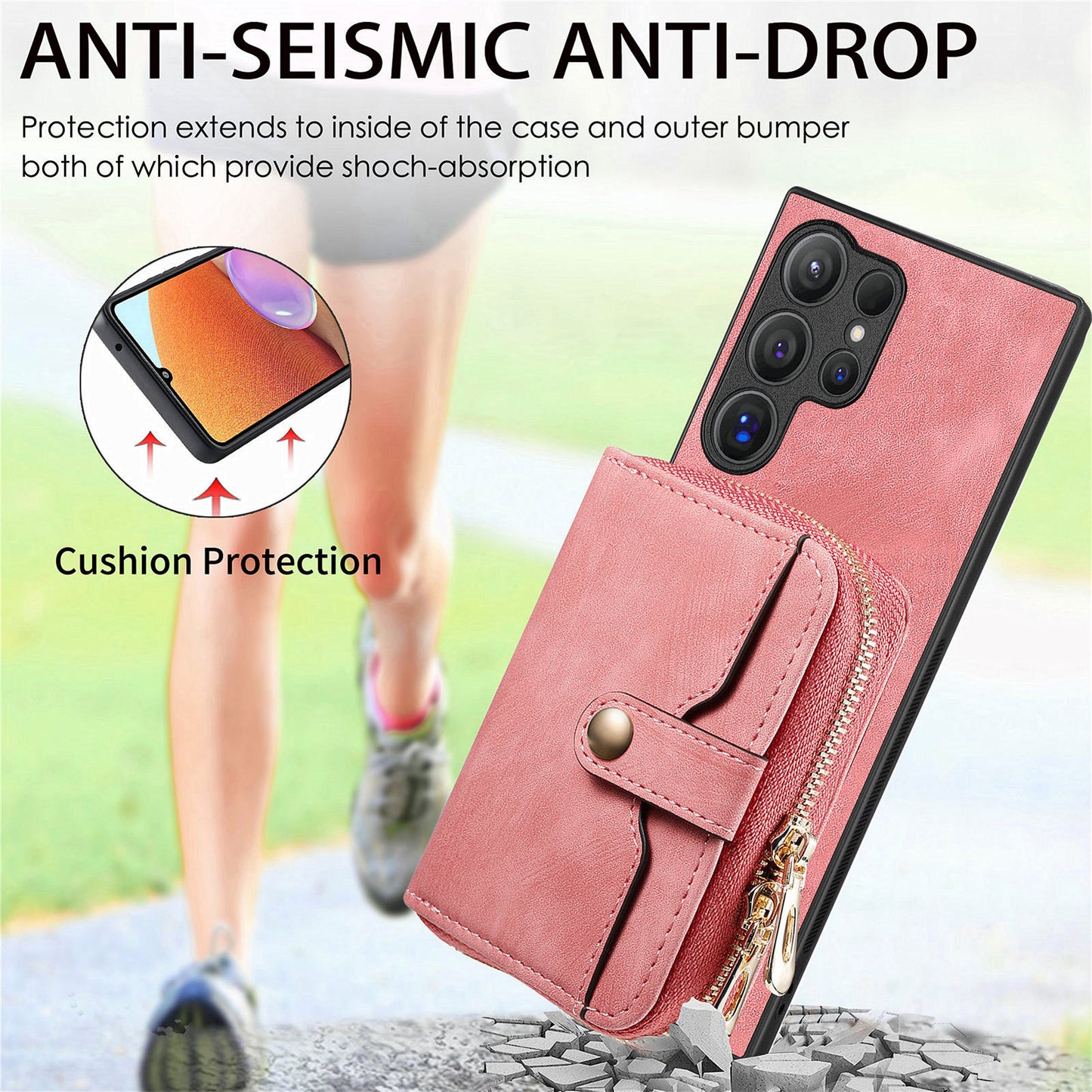 Crossbody Zipper Wallet Case for Samsung Galaxy S24 Ultra Kickstand Phone Cover with 7 Card Holder - Rose Pink