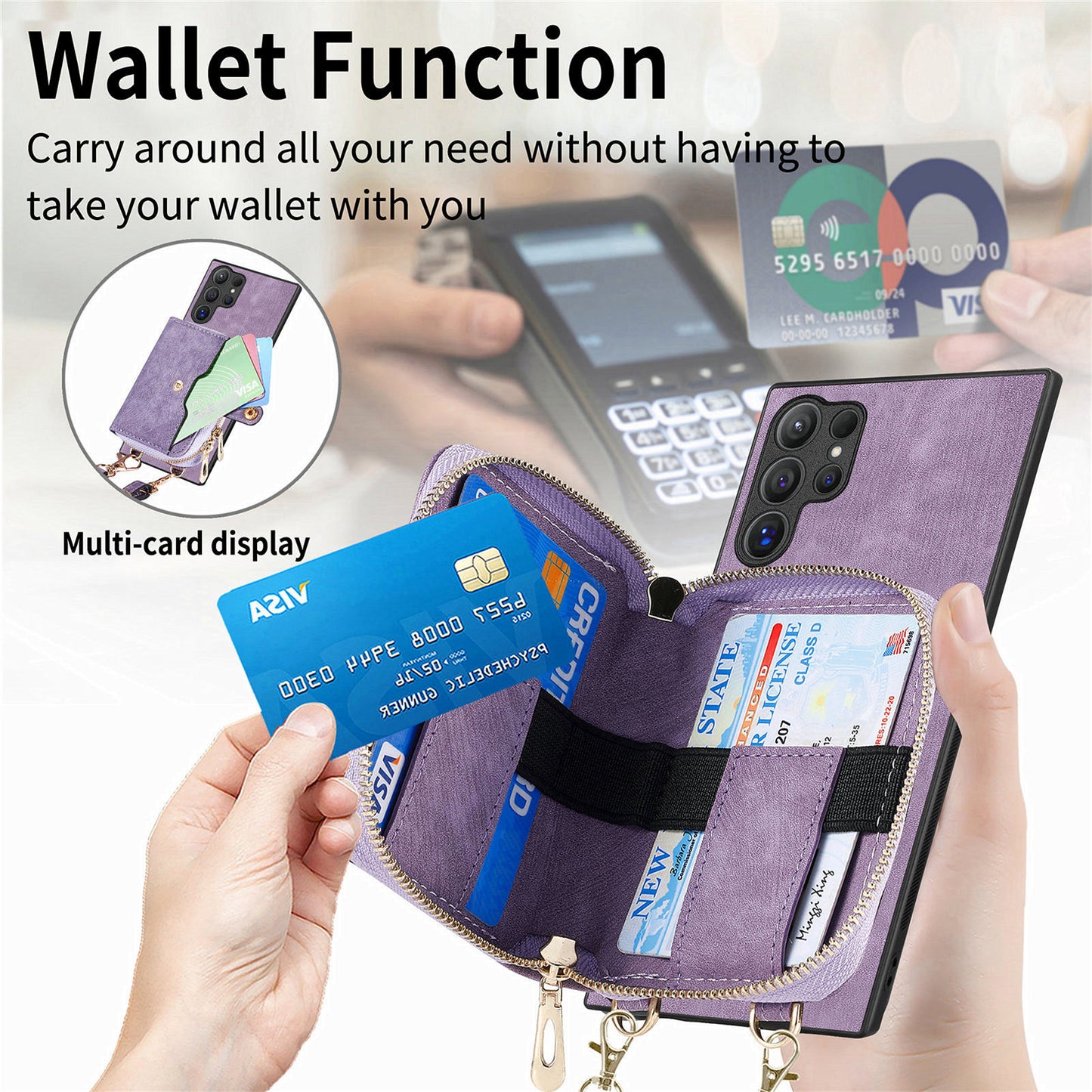 Crossbody Zipper Wallet Case for Samsung Galaxy S24 Ultra Kickstand Phone Cover with 7 Card Holder - Purple