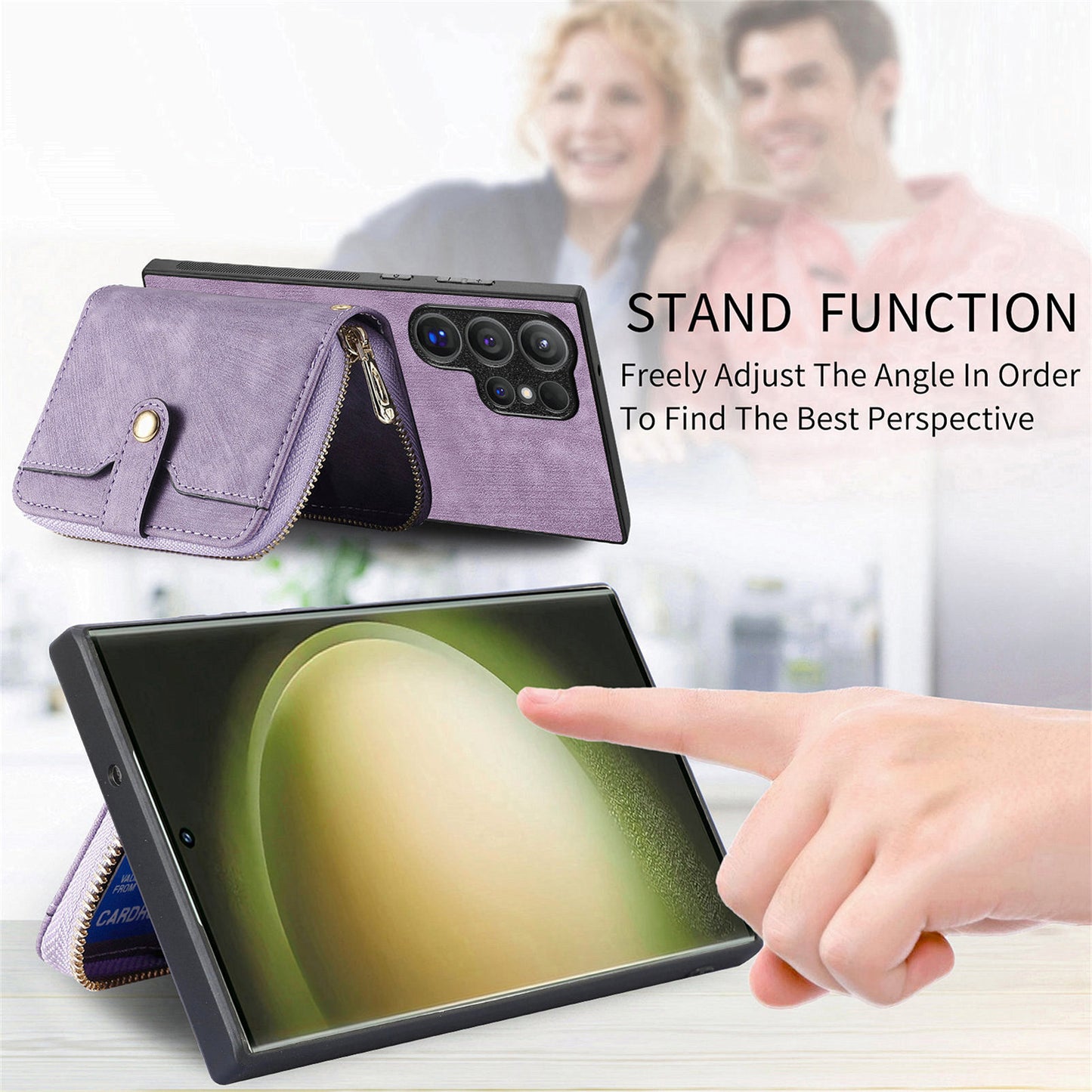 Crossbody Zipper Wallet Case for Samsung Galaxy S24 Ultra Kickstand Phone Cover with 7 Card Holder - Purple