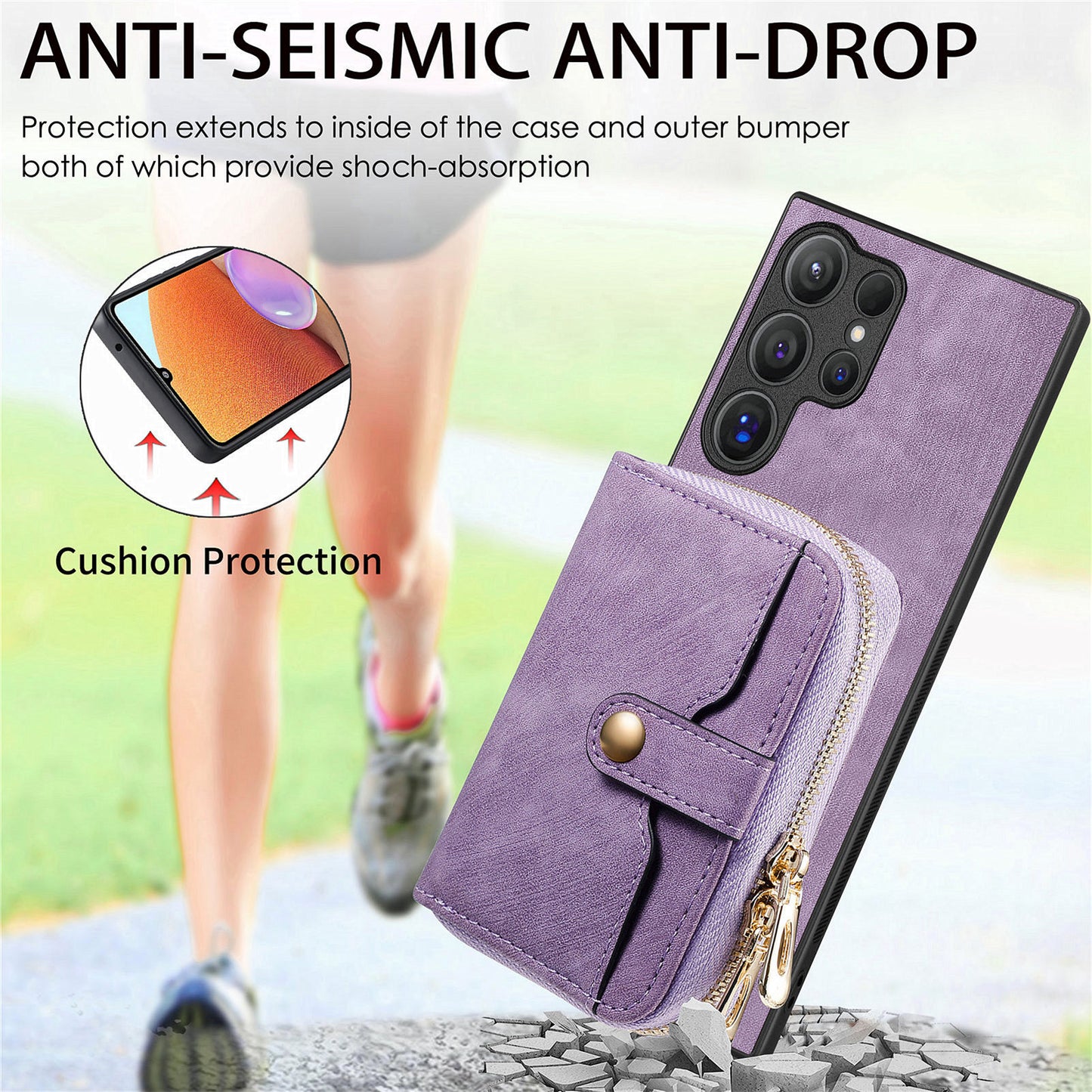 Crossbody Zipper Wallet Case for Samsung Galaxy S24 Ultra Kickstand Phone Cover with 7 Card Holder - Purple