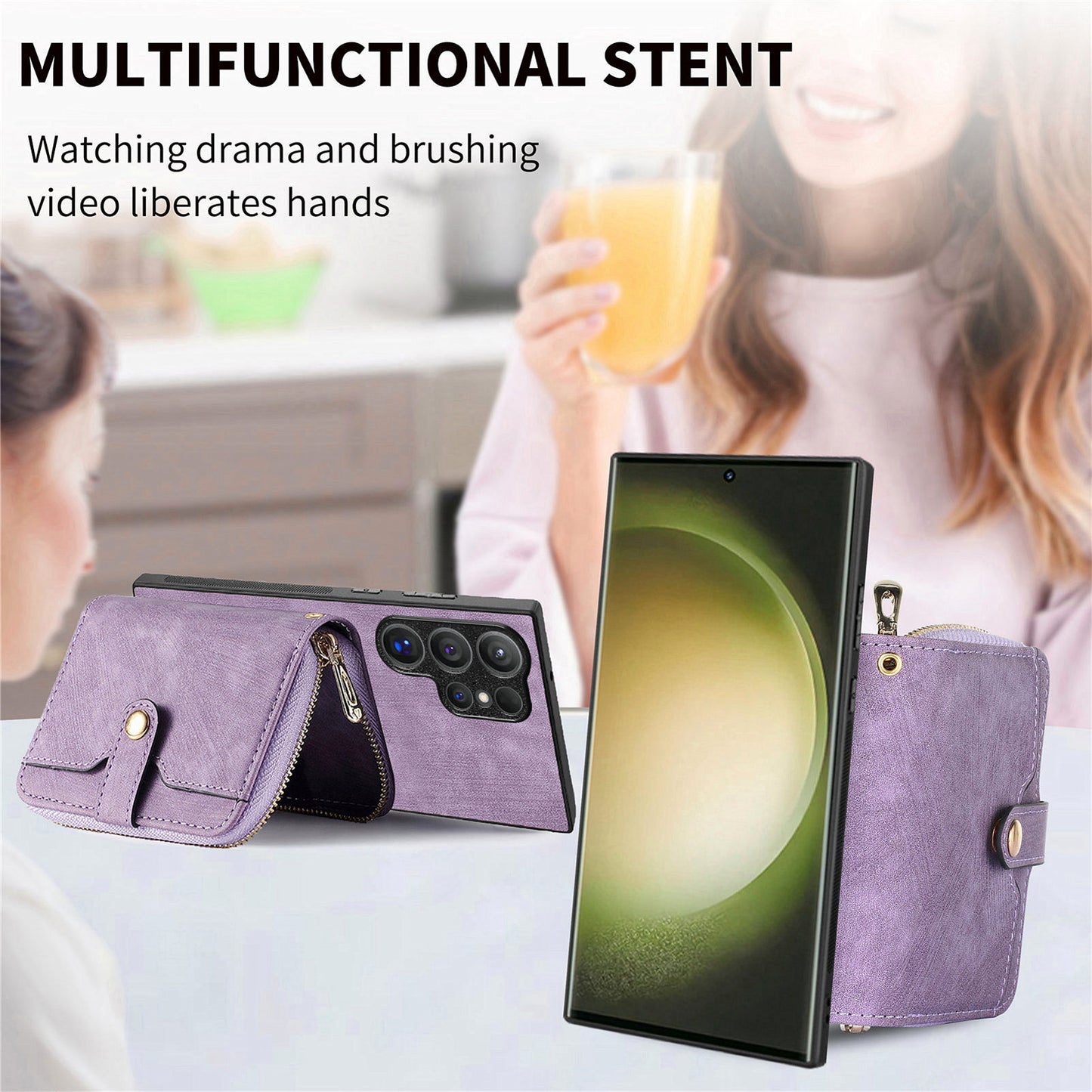 Crossbody Zipper Wallet Case for Samsung Galaxy S24 Ultra Kickstand Phone Cover with 7 Card Holder - Purple