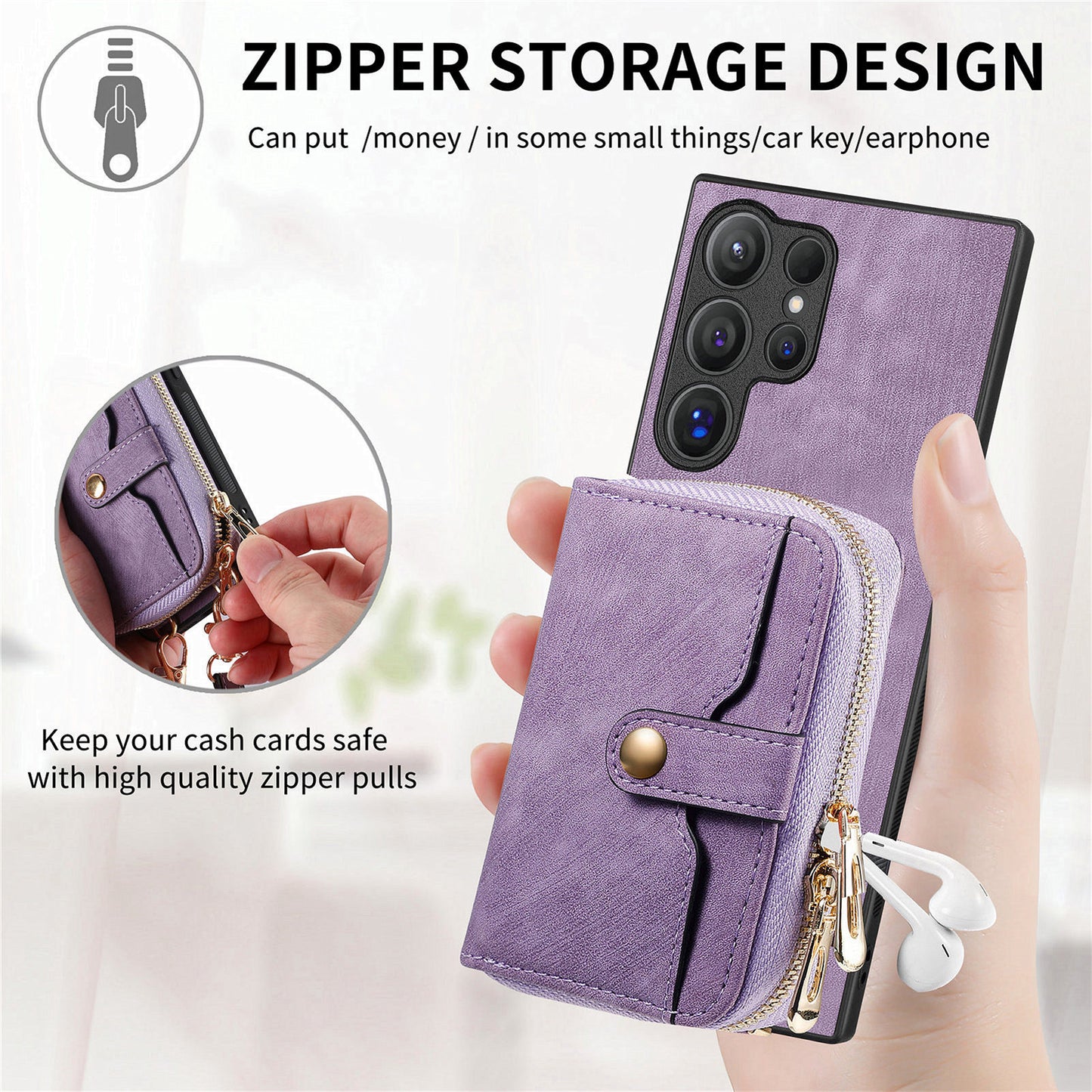 Crossbody Zipper Wallet Case for Samsung Galaxy S24 Ultra Kickstand Phone Cover with 7 Card Holder - Purple