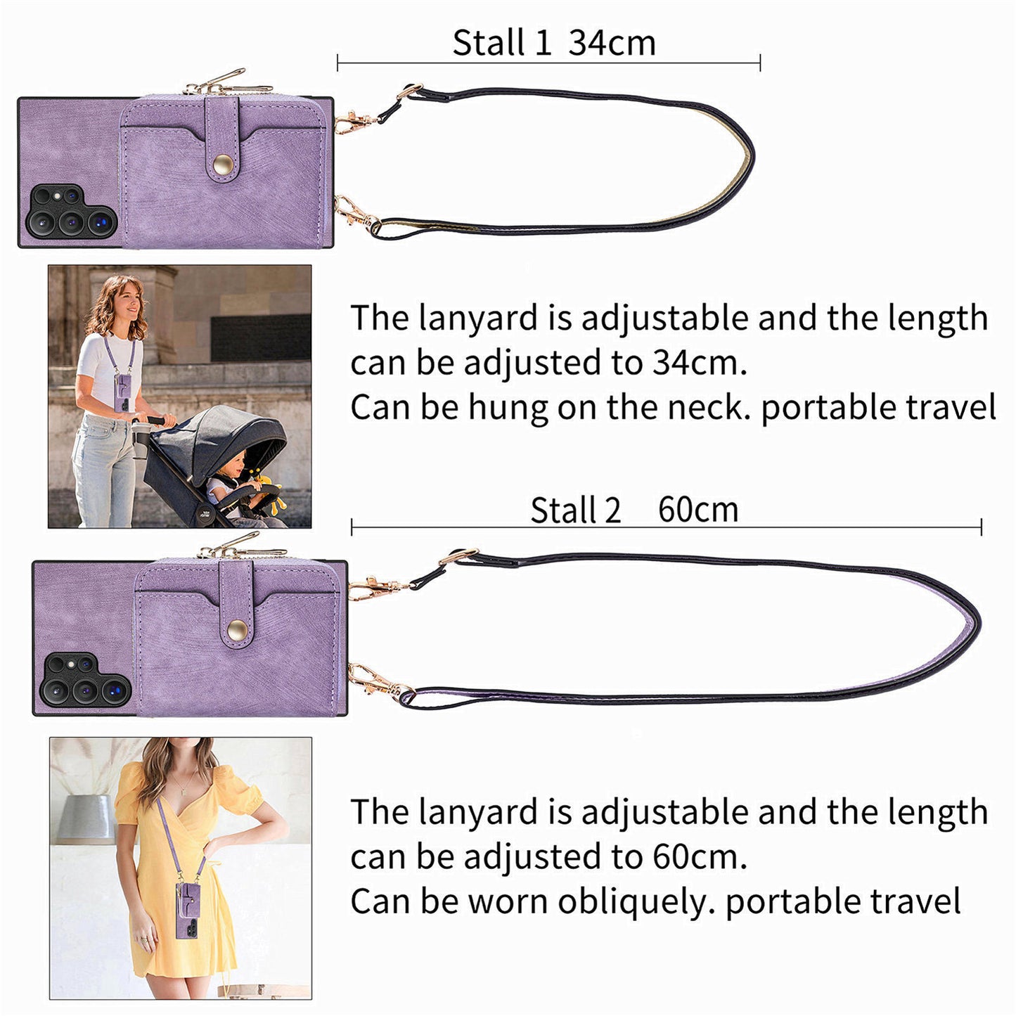 Crossbody Zipper Wallet Case for Samsung Galaxy S24 Ultra Kickstand Phone Cover with 7 Card Holder - Purple