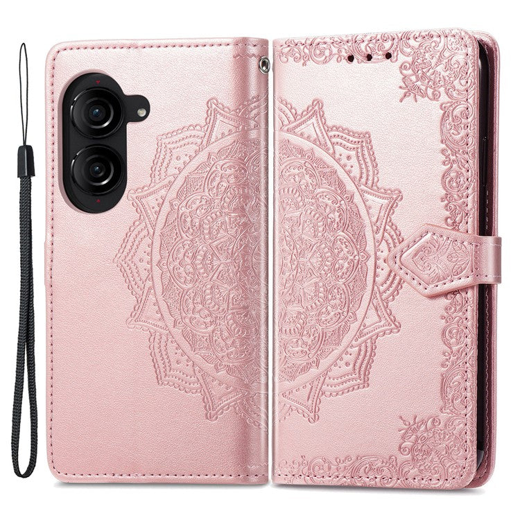 For Asus Zenfone 10 5G Case Wallet with Card Holder Embossed Mandala Pattern PU Leather Cover - Rose Gold