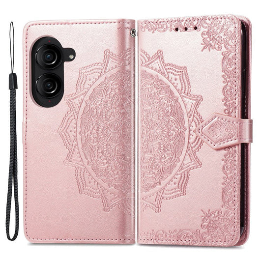 For Asus Zenfone 10 5G Case Wallet with Card Holder Embossed Mandala Pattern PU Leather Cover - Rose Gold