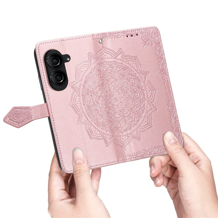 For Asus Zenfone 10 5G Case Wallet with Card Holder Embossed Mandala Pattern PU Leather Cover - Rose Gold