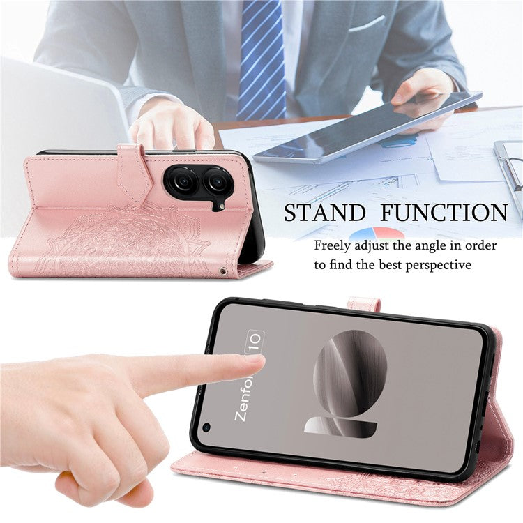 For Asus Zenfone 10 5G Case Wallet with Card Holder Embossed Mandala Pattern PU Leather Cover - Rose Gold