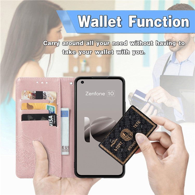 For Asus Zenfone 10 5G Case Wallet with Card Holder Embossed Mandala Pattern PU Leather Cover - Rose Gold
