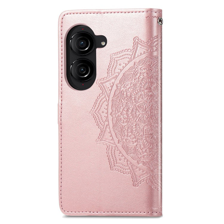 For Asus Zenfone 10 5G Case Wallet with Card Holder Embossed Mandala Pattern PU Leather Cover - Rose Gold