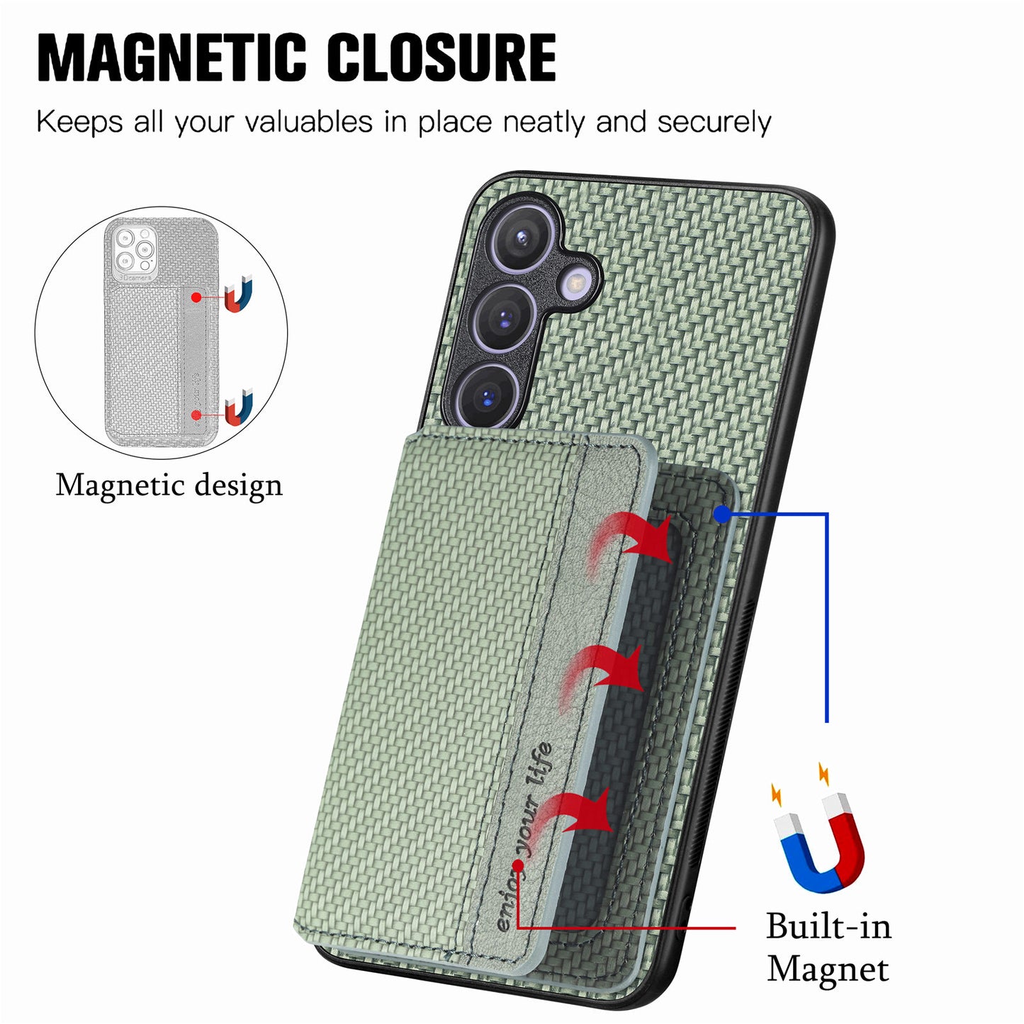For Samsung Galaxy S24+ Case with Card Holder Kickstand Carbon Fiber Texture Leather Back Cover - Green