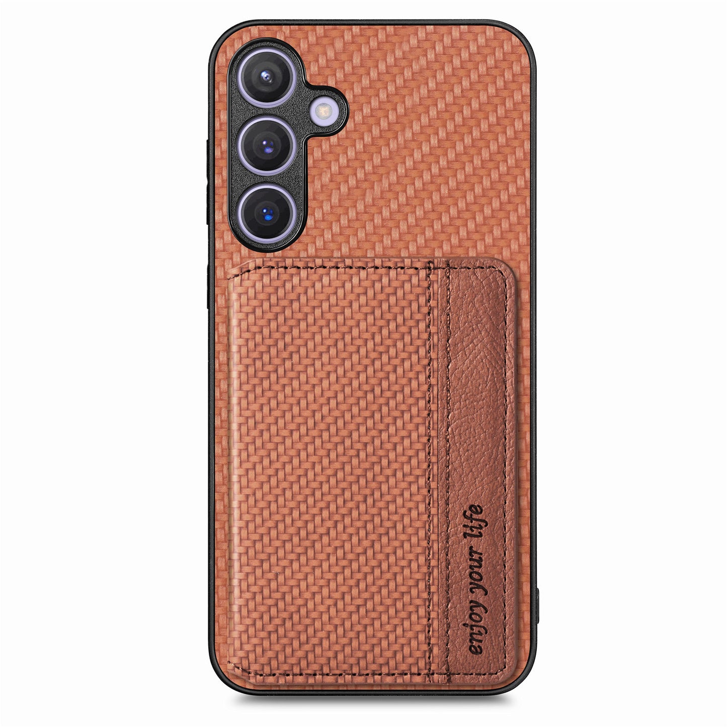 For Samsung Galaxy S24+ Case with Card Holder Kickstand Carbon Fiber Texture Leather Back Cover - Brown