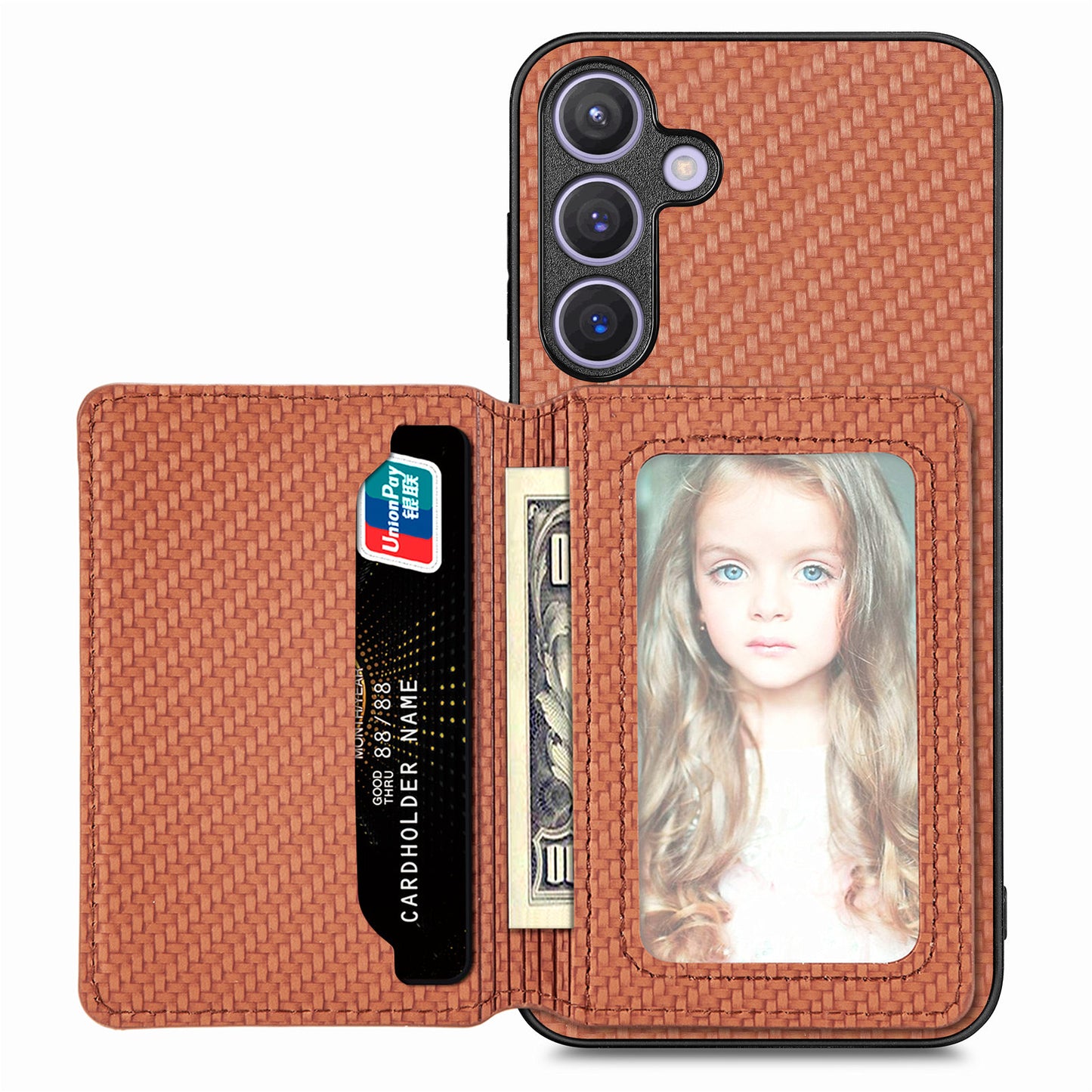 For Samsung Galaxy S24+ Case with Card Holder Kickstand Carbon Fiber Texture Leather Back Cover - Brown