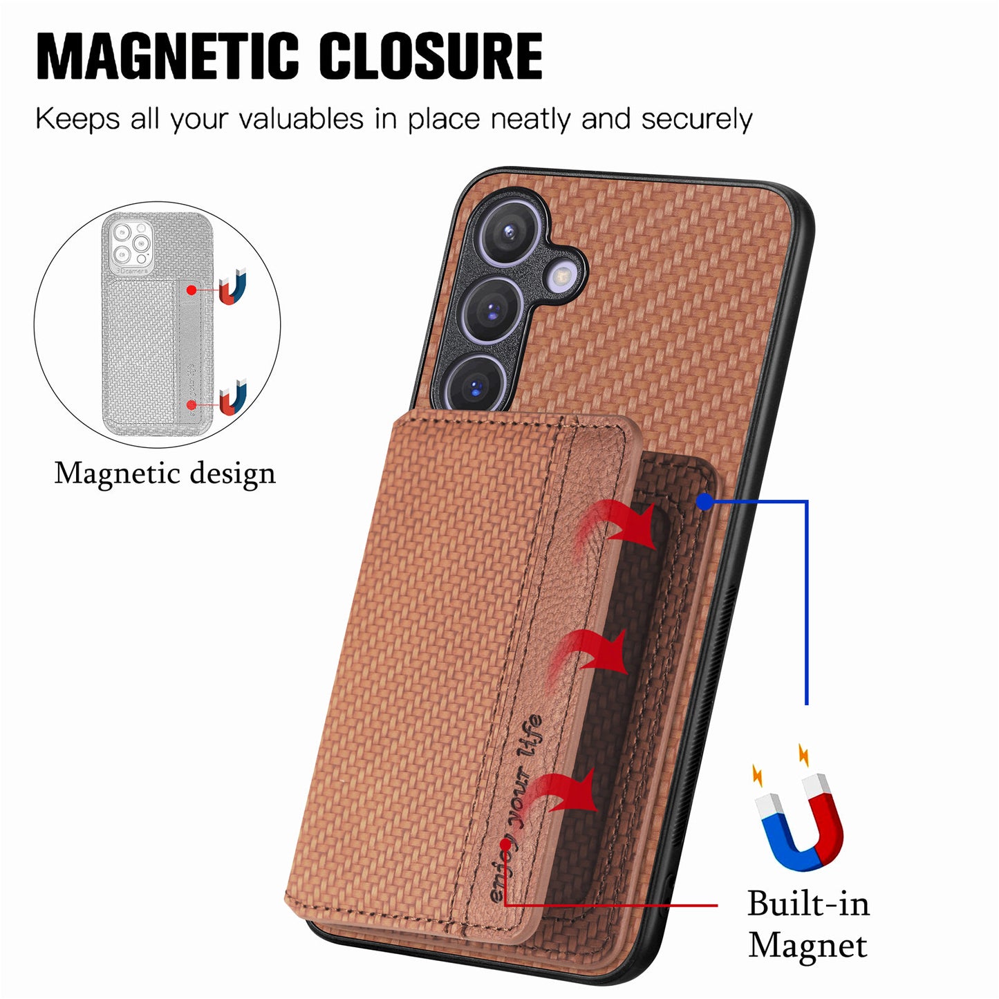 For Samsung Galaxy S24+ Case with Card Holder Kickstand Carbon Fiber Texture Leather Back Cover - Brown