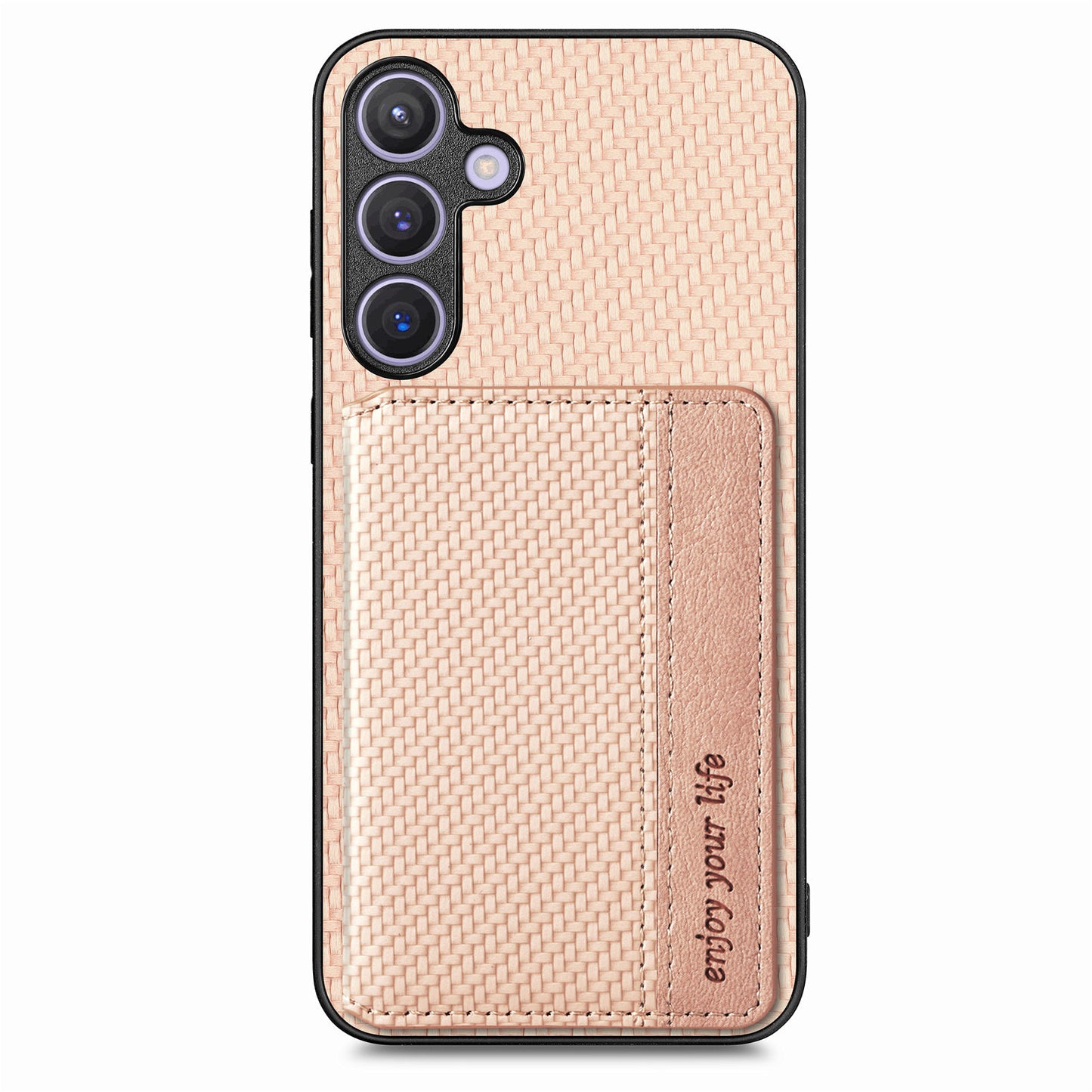 For Samsung Galaxy S24+ Case with Card Holder Kickstand Carbon Fiber Texture Leather Back Cover - Khaki