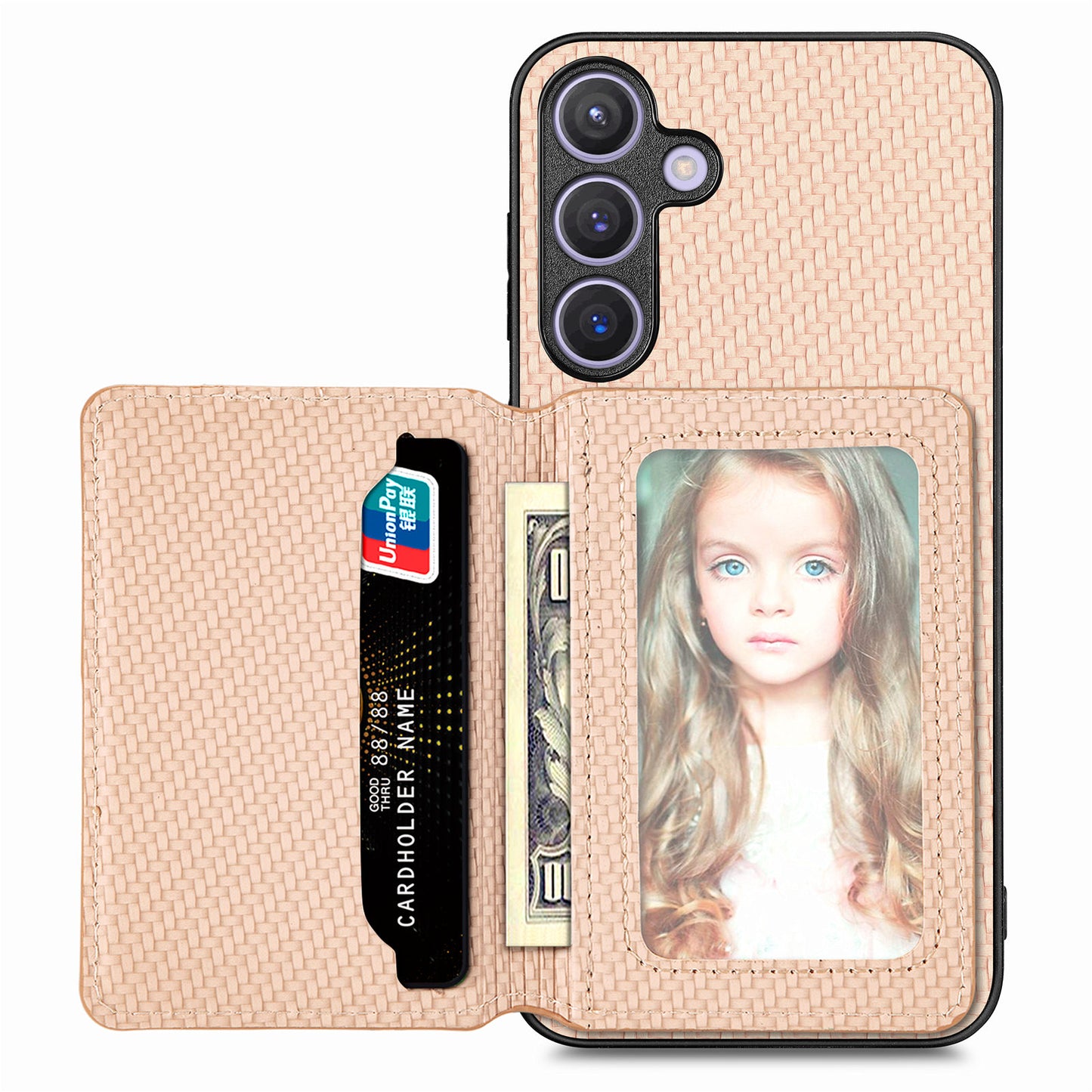 For Samsung Galaxy S24+ Case with Card Holder Kickstand Carbon Fiber Texture Leather Back Cover - Khaki