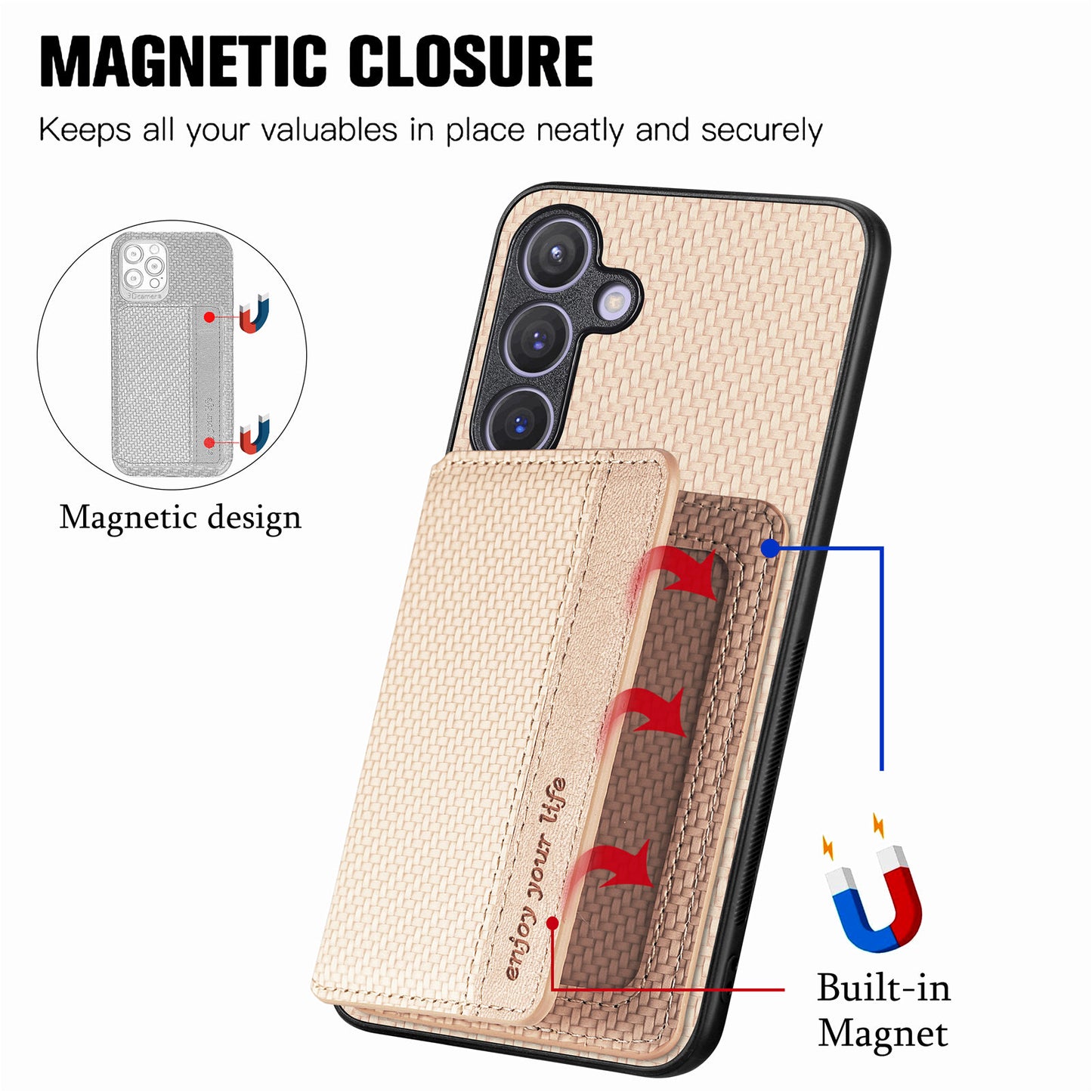 For Samsung Galaxy S24+ Case with Card Holder Kickstand Carbon Fiber Texture Leather Back Cover - Khaki