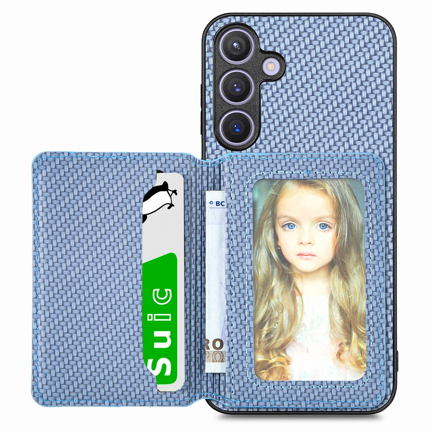 For Samsung Galaxy S24+ Case with Card Holder Kickstand Carbon Fiber Texture Leather Back Cover - Blue