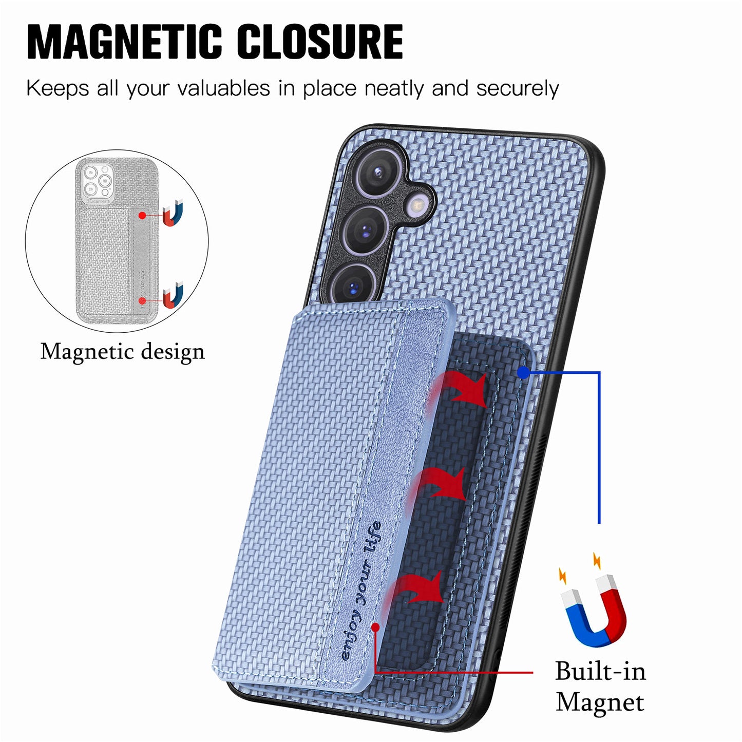 For Samsung Galaxy S24+ Case with Card Holder Kickstand Carbon Fiber Texture Leather Back Cover - Blue
