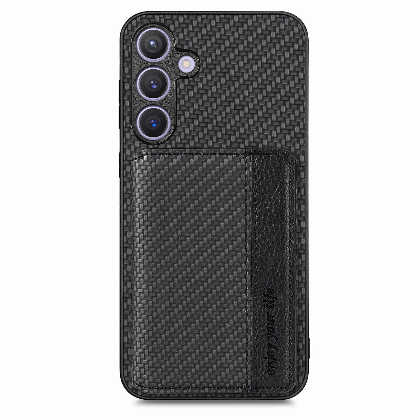 For Samsung Galaxy S24+ Case with Card Holder Kickstand Carbon Fiber Texture Leather Back Cover - Black