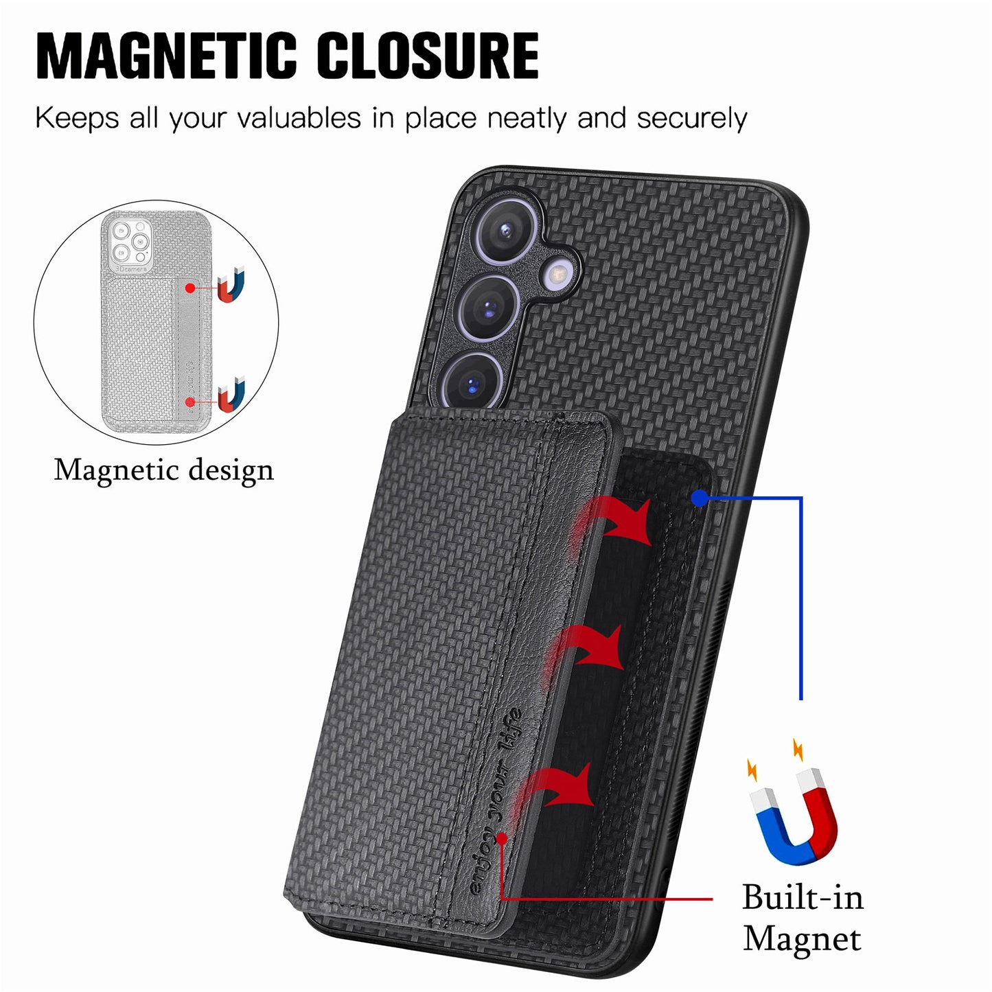 For Samsung Galaxy S24+ Case with Card Holder Kickstand Carbon Fiber Texture Leather Back Cover - Black