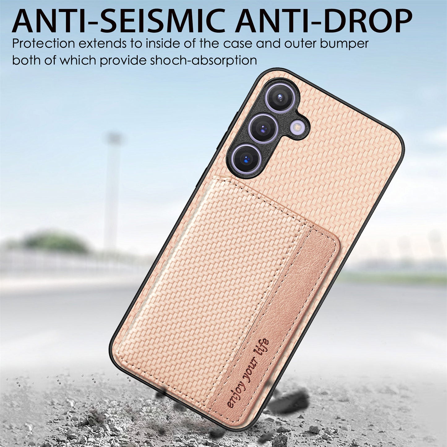 For Samsung Galaxy S24+ Case with Card Holder Kickstand Carbon Fiber Texture Leather Back Cover - Black