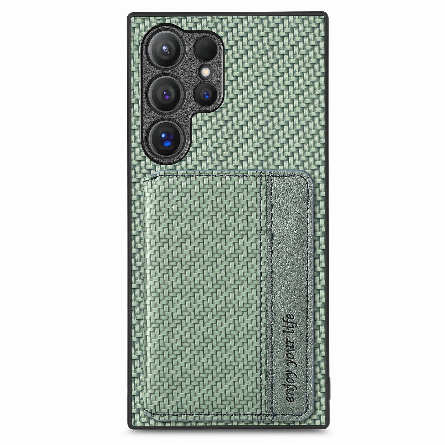 For Samsung Galaxy S24 Ultra Back Case with Card Slot Carbon Fiber Texture Phone Cover Kickstand - Green