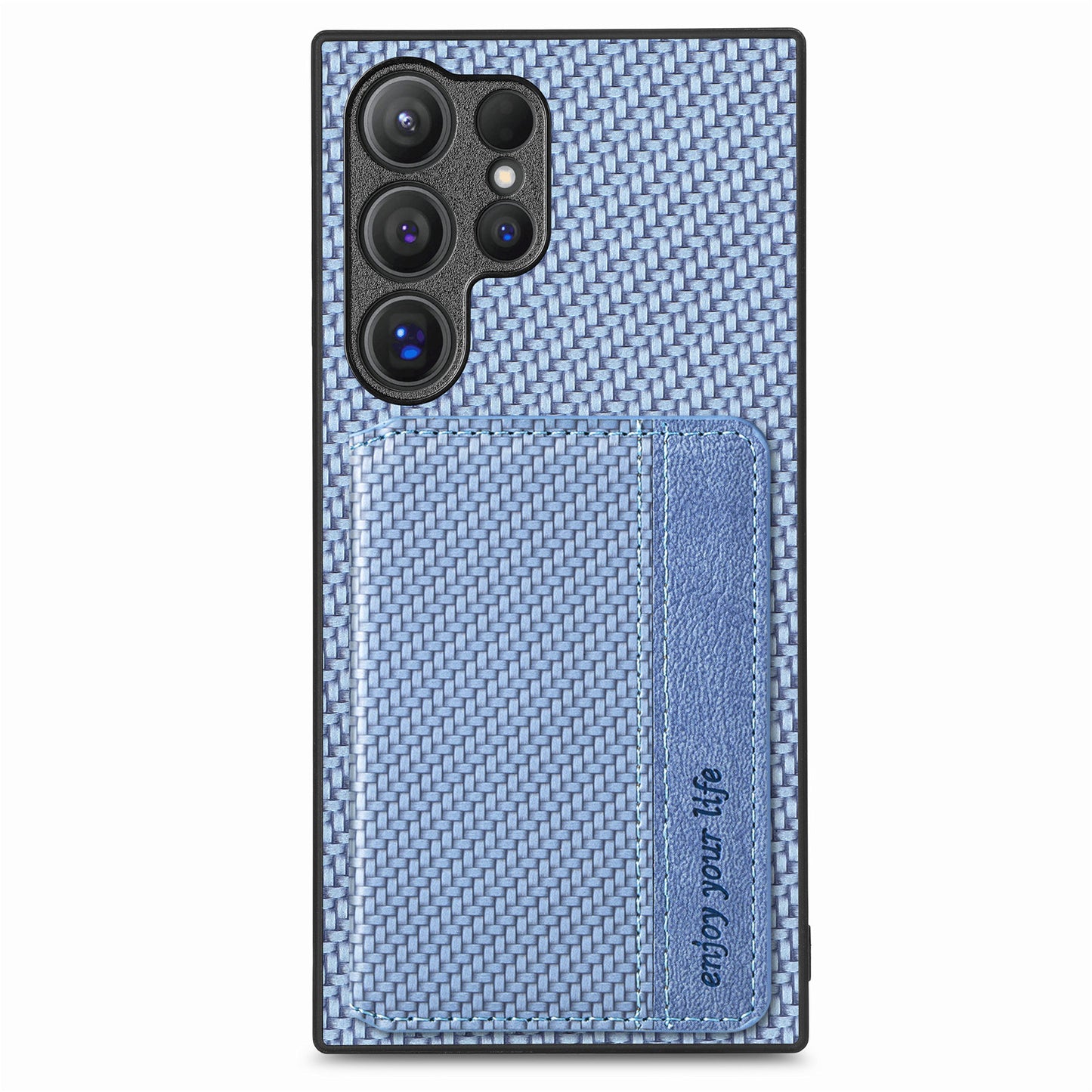 For Samsung Galaxy S24 Ultra Back Case with Card Slot Carbon Fiber Texture Phone Cover Kickstand - Blue