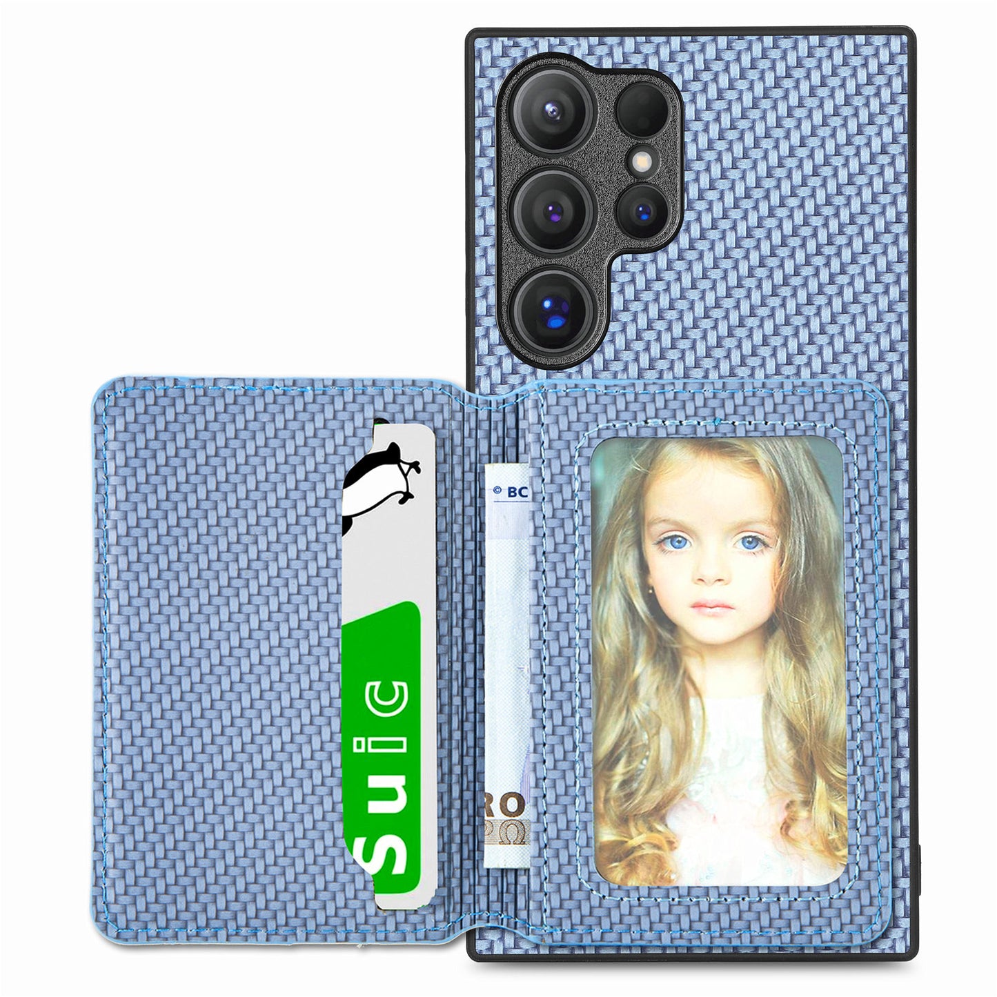 For Samsung Galaxy S24 Ultra Back Case with Card Slot Carbon Fiber Texture Phone Cover Kickstand - Blue