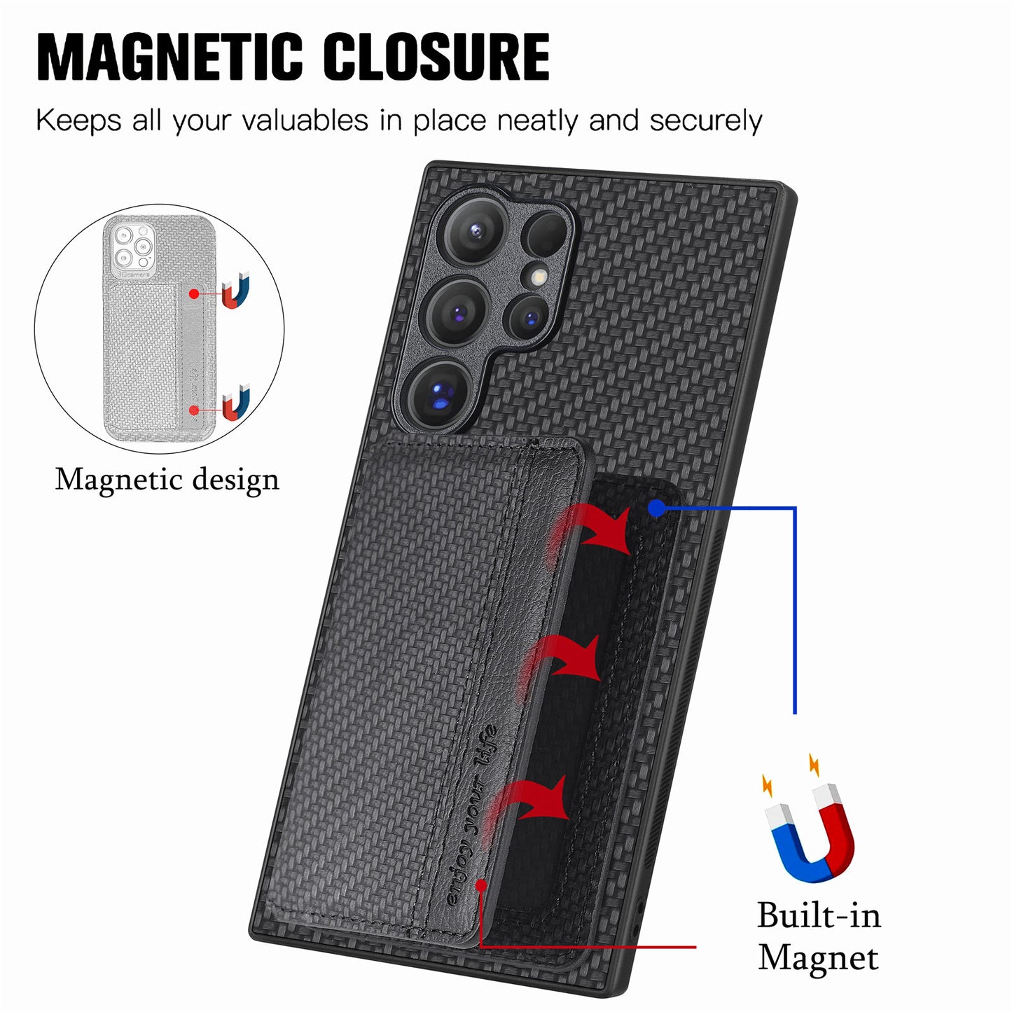 For Samsung Galaxy S24 Ultra Back Case with Card Slot Carbon Fiber Texture Phone Cover Kickstand - Black