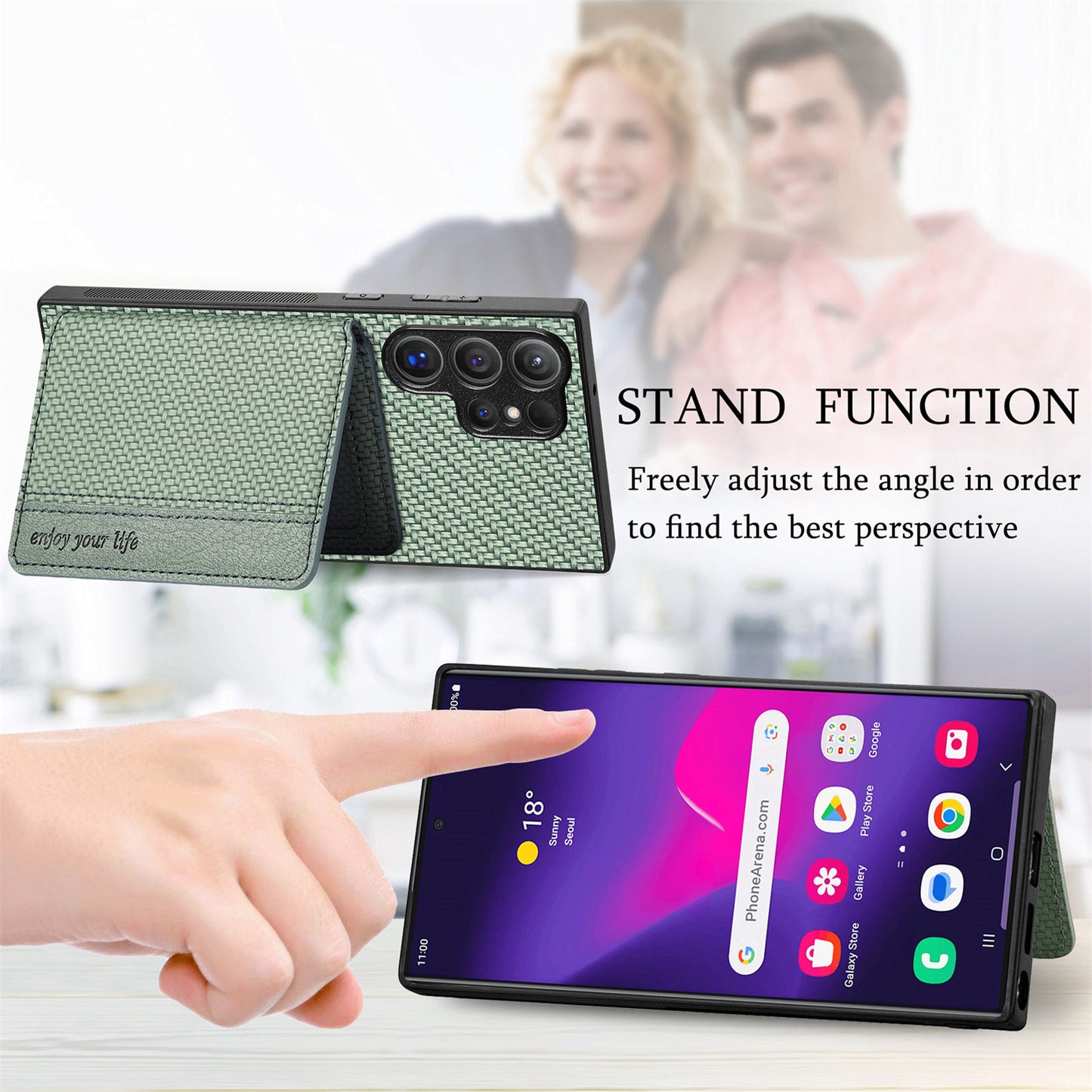 For Samsung Galaxy S24 Ultra Back Case with Card Slot Carbon Fiber Texture Phone Cover Kickstand - Black