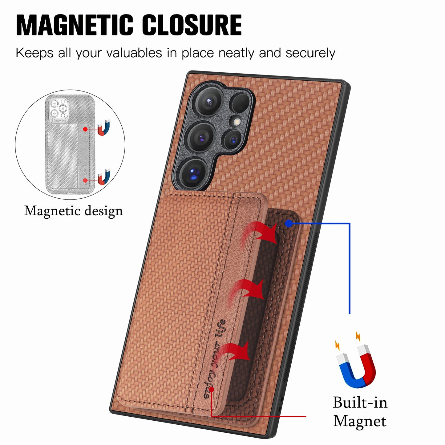 For Samsung Galaxy S24 Ultra Back Case with Card Slot Carbon Fiber Texture Phone Cover Kickstand - Brown