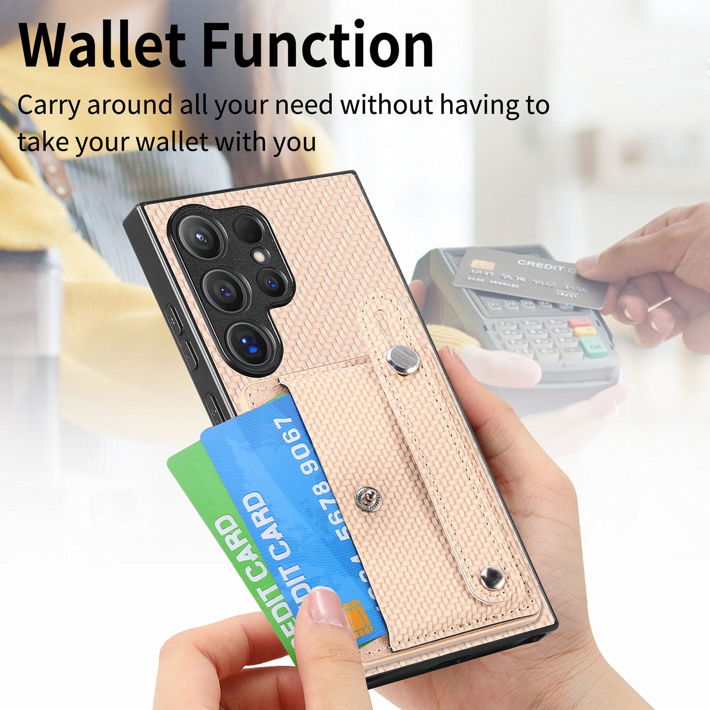 For Samsung Galaxy S24 Ultra Leather Back Case with Card Slots Wristband Kickstand - Khaki