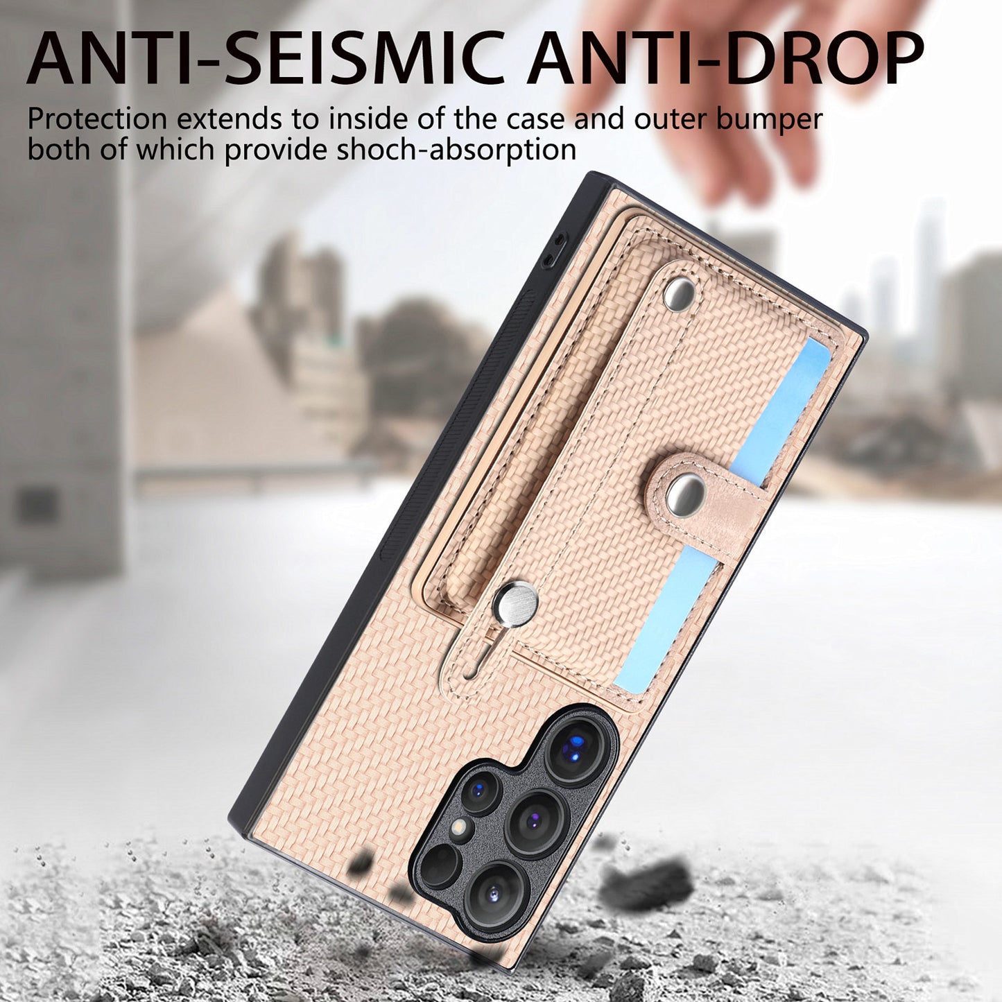 For Samsung Galaxy S24 Ultra Leather Back Case with Card Slots Wristband Kickstand - Khaki