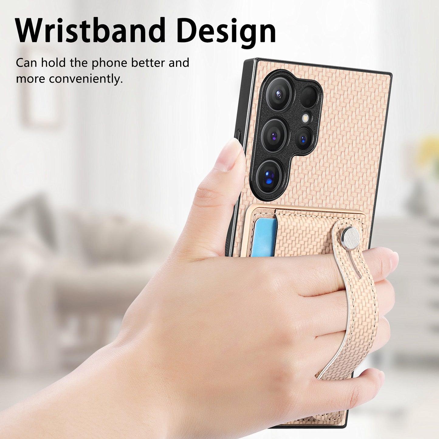 For Samsung Galaxy S24 Ultra Leather Back Case with Card Slots Wristband Kickstand - Khaki