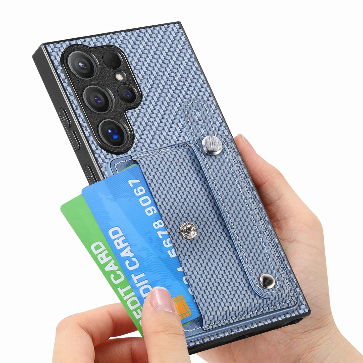 For Samsung Galaxy S24 Ultra Leather Back Case with Card Slots Wristband Kickstand - Blue