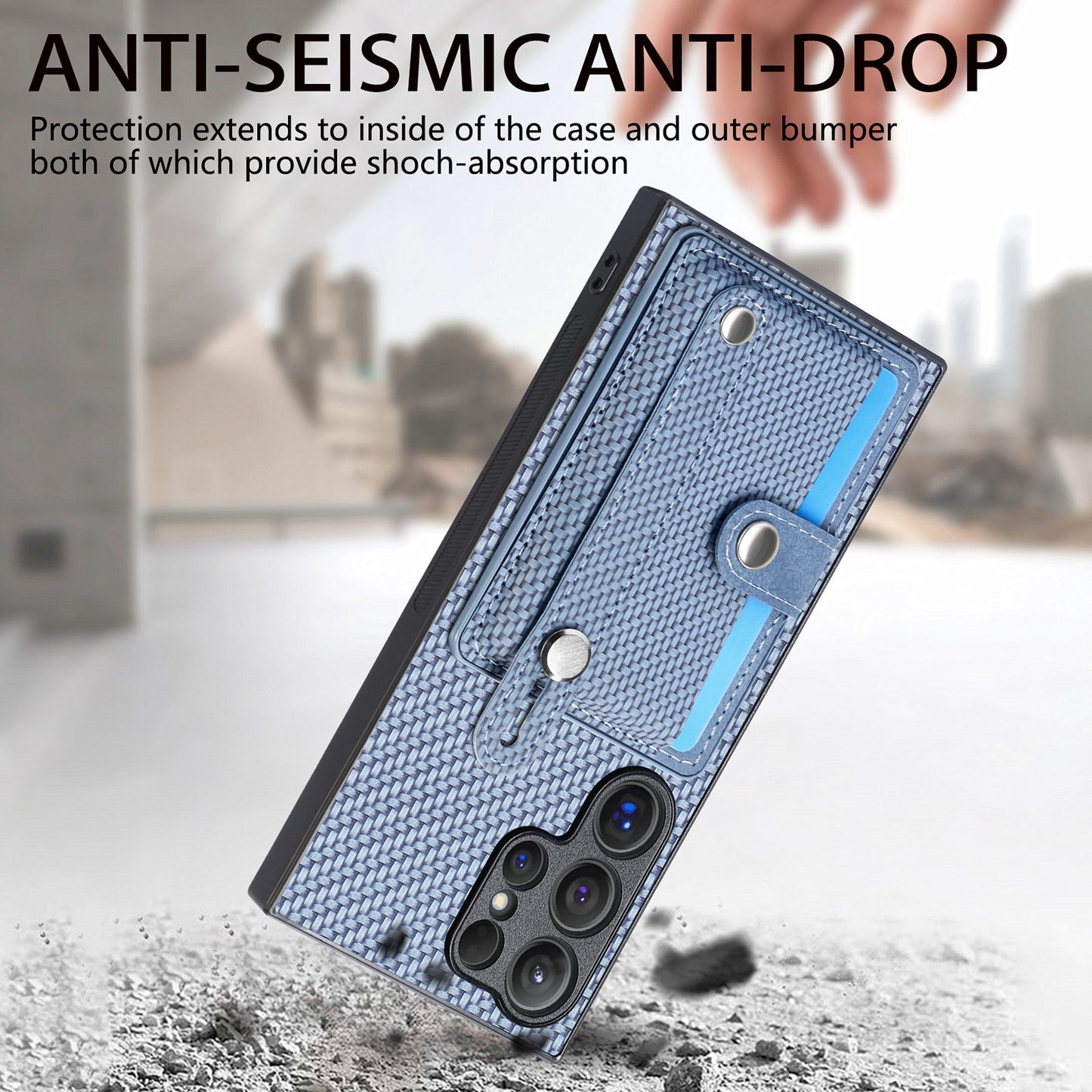 For Samsung Galaxy S24 Ultra Leather Back Case with Card Slots Wristband Kickstand - Blue