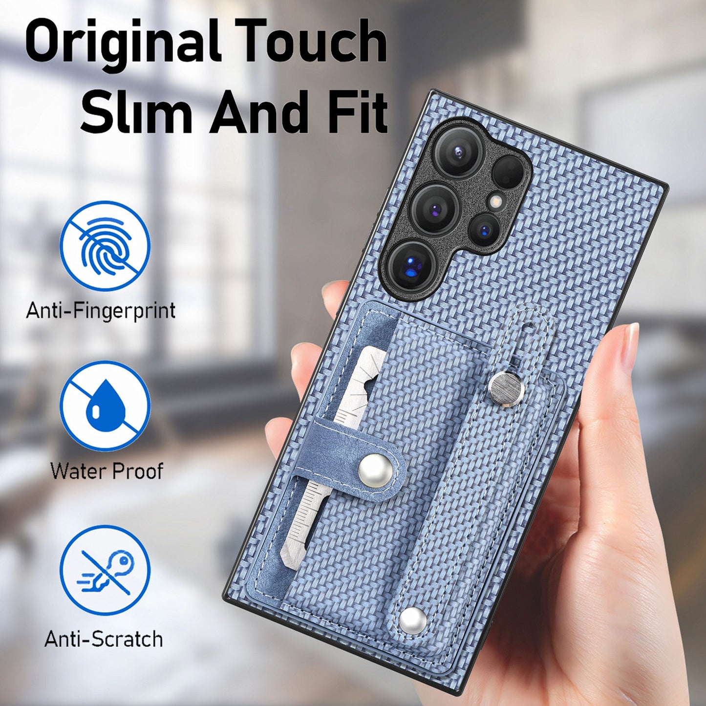For Samsung Galaxy S24 Ultra Leather Back Case with Card Slots Wristband Kickstand - Blue
