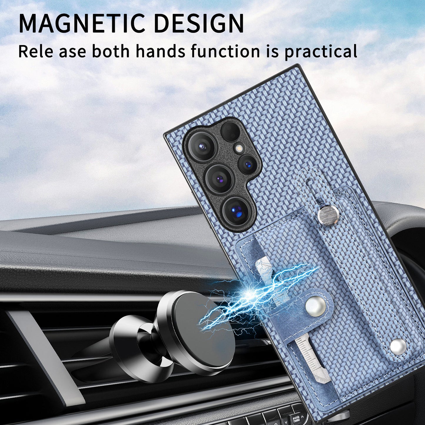 For Samsung Galaxy S24 Ultra Leather Back Case with Card Slots Wristband Kickstand - Blue