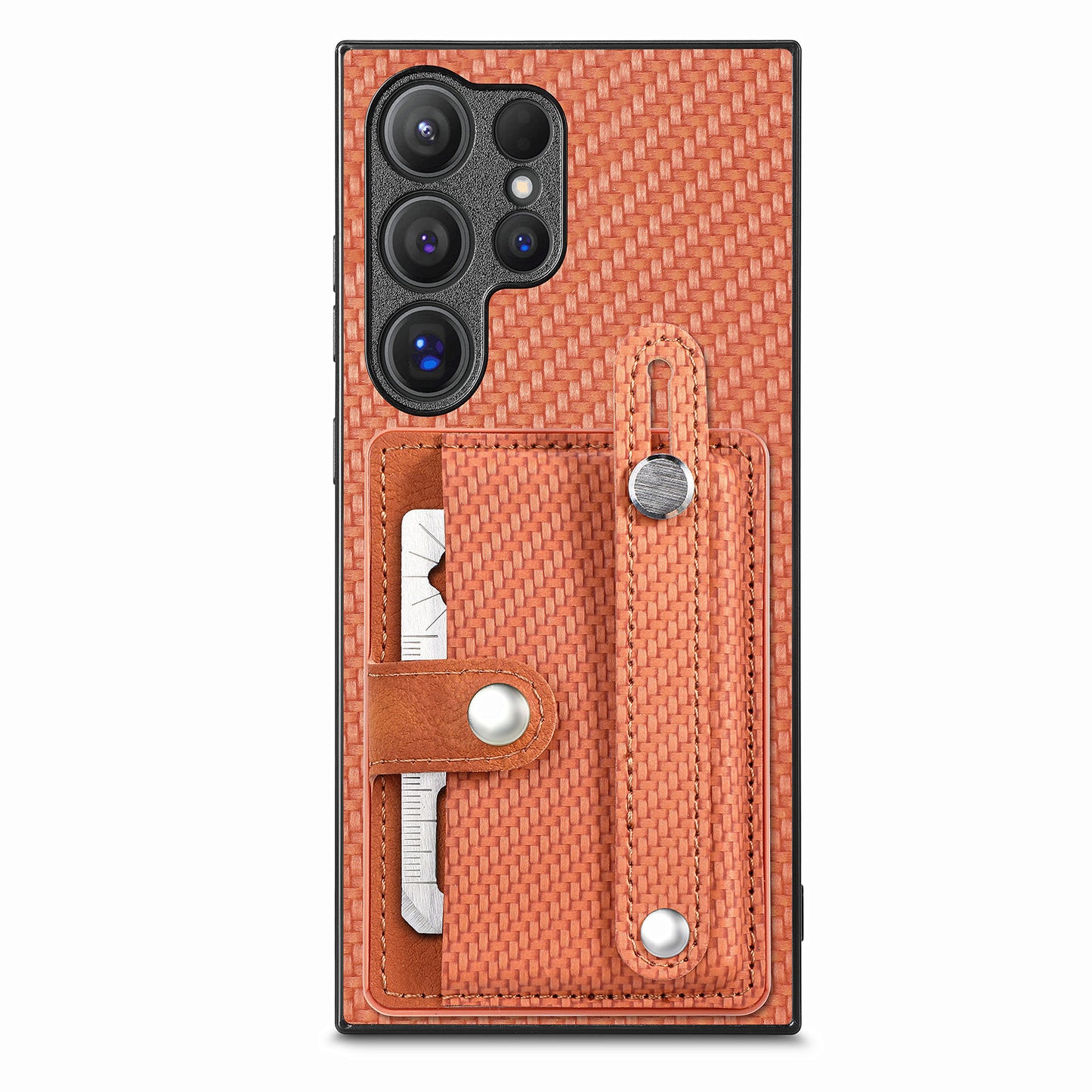 For Samsung Galaxy S24 Ultra Leather Back Case with Card Slots Wristband Kickstand - Brown